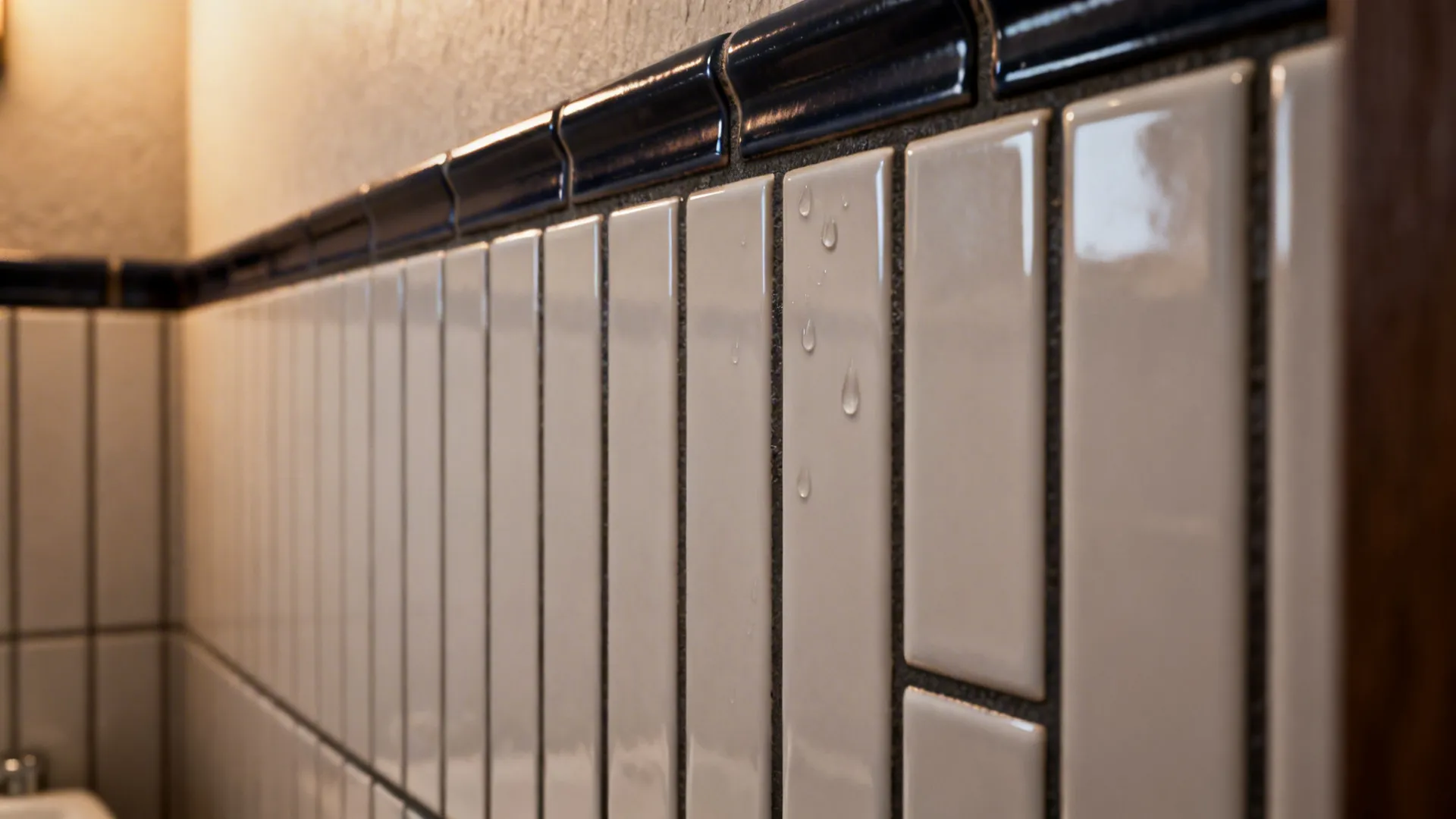 Close-up of vertical subway tiles with dark grout showing texture and sheen.
