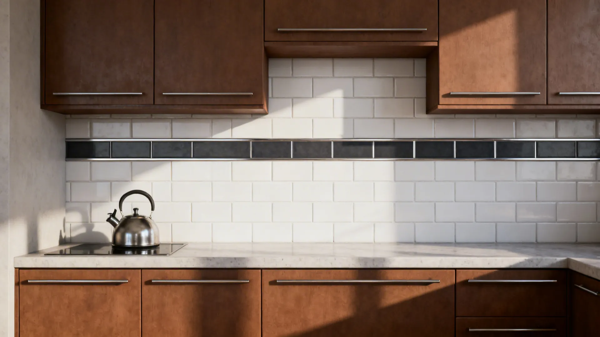 White subway tile backsplash with dark grout paired with medium brown cabinets and metal trim accent.