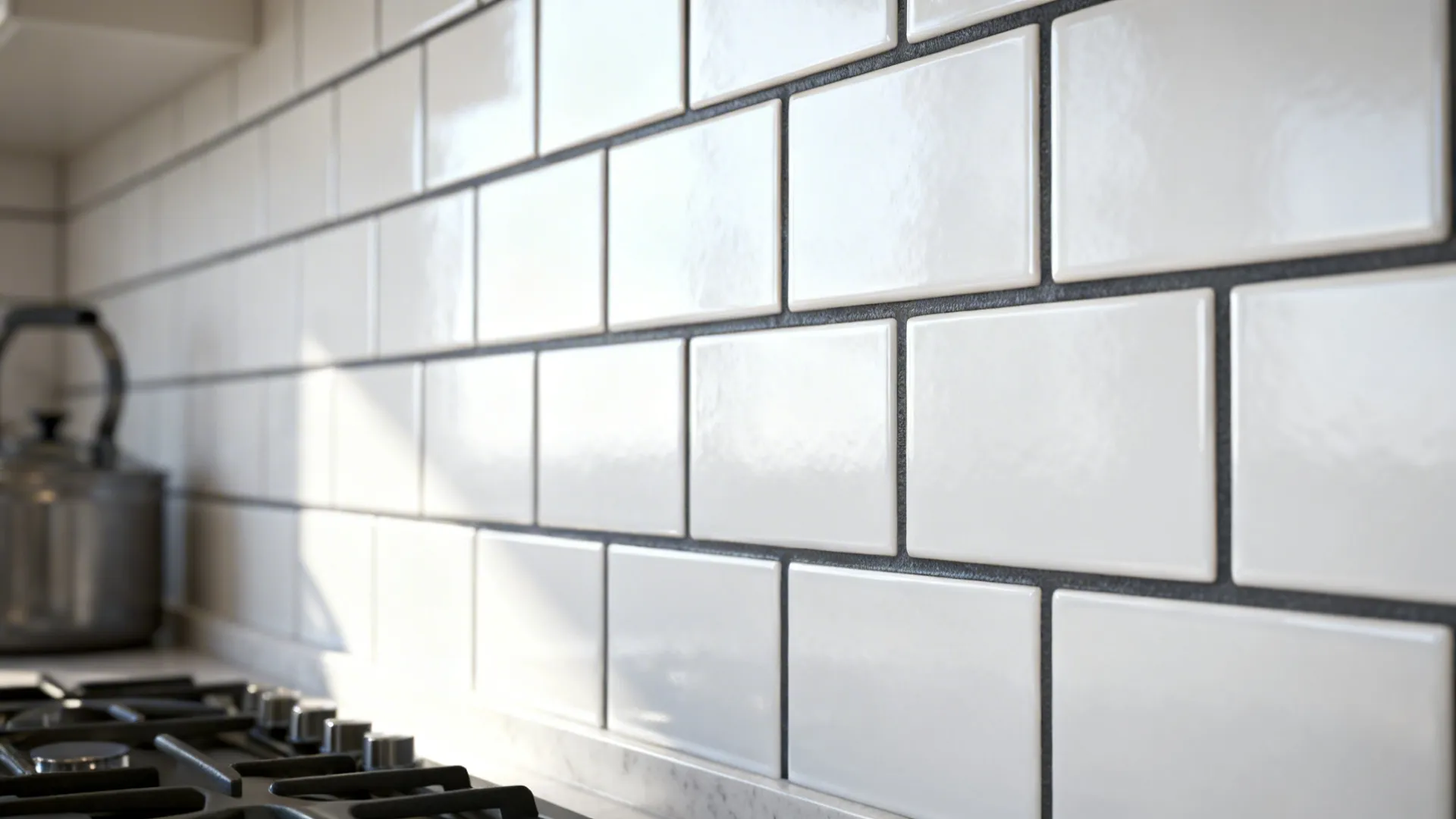 Close-up of white subway tile backsplash with charcoal grout and clean lines.