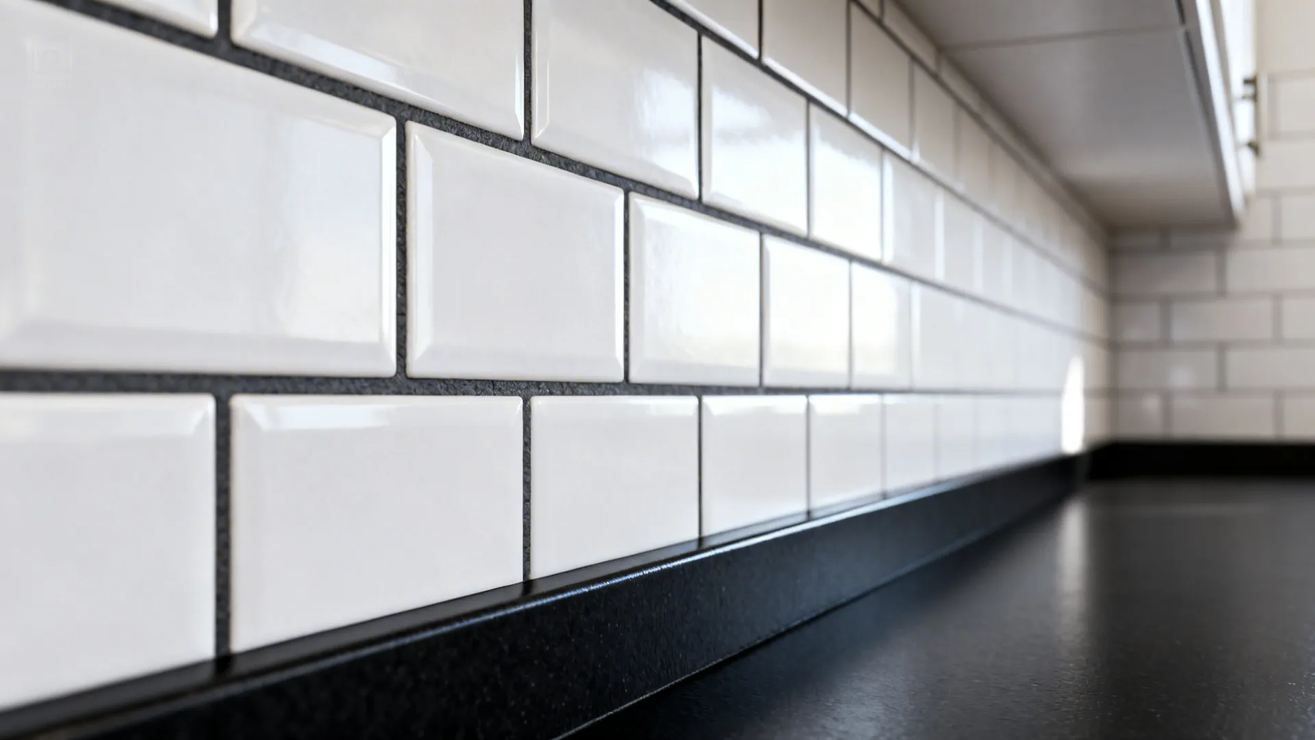 Close up of white wall tiles with dark grout above a smooth black kitchen countertop