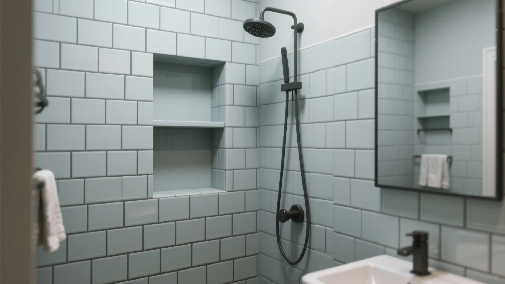 2. Subway tiles in cool dove gray with dark grout