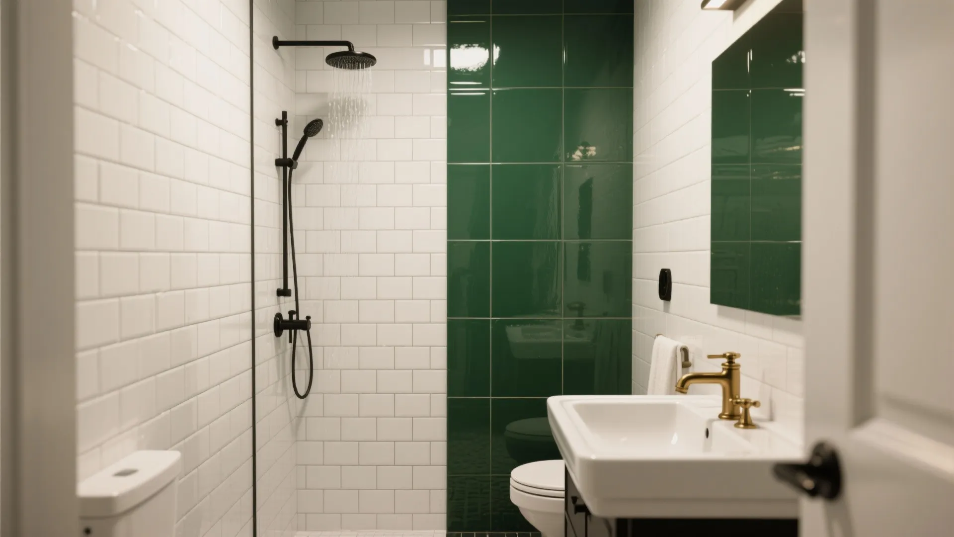 Modern bathroom with white wall tiles emerald green accent wall black shower head and gold faucet