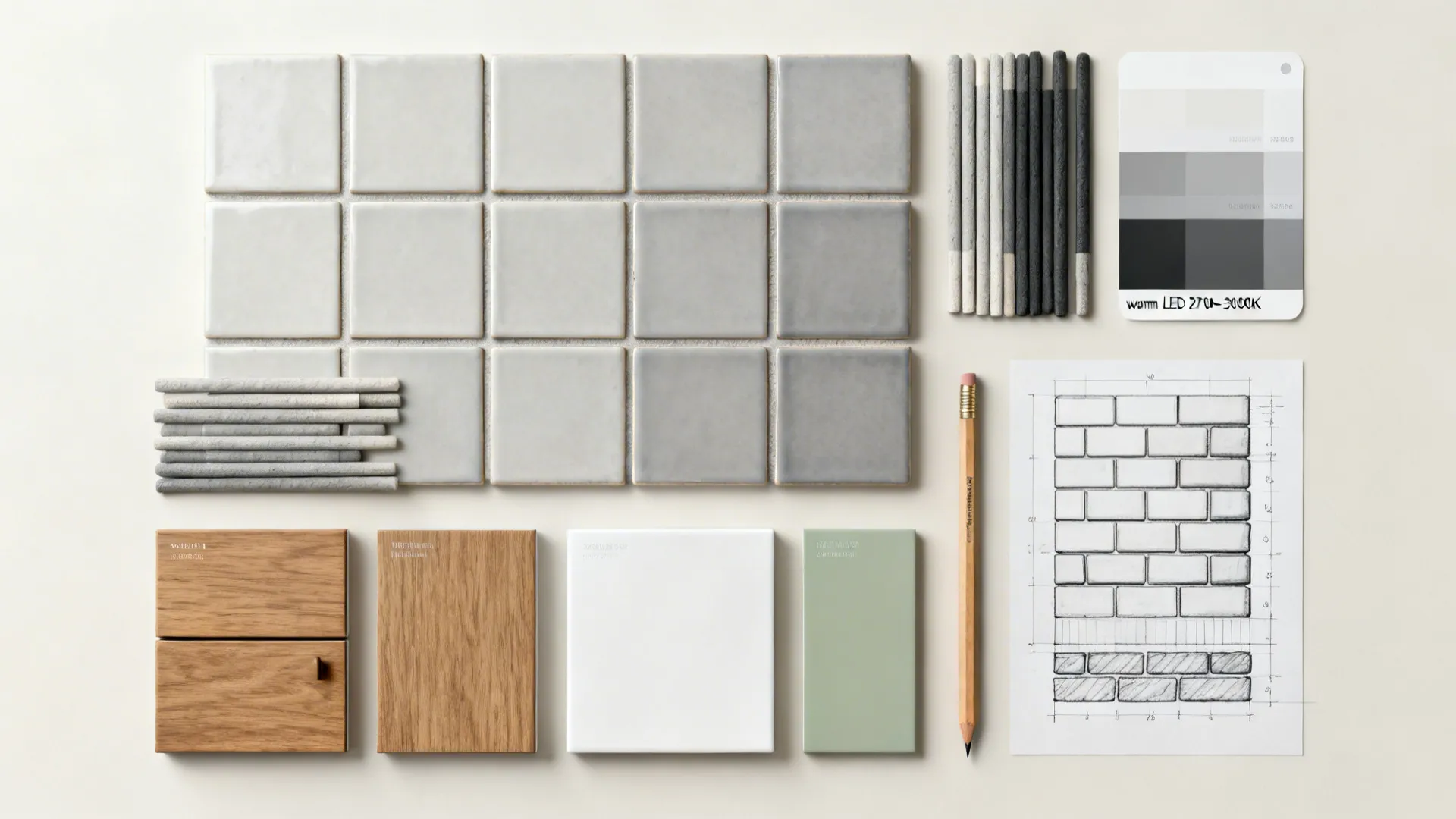 Top-down flatlay of grey subway tiles, grout samples, and cabinet finishes.