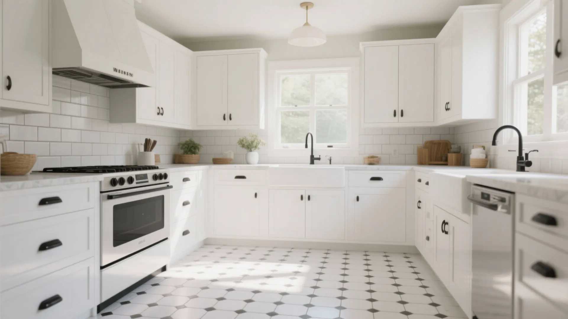 Bright white kitchen with classic wall tiles patterned floor tiles black sink faucet and white cabinets