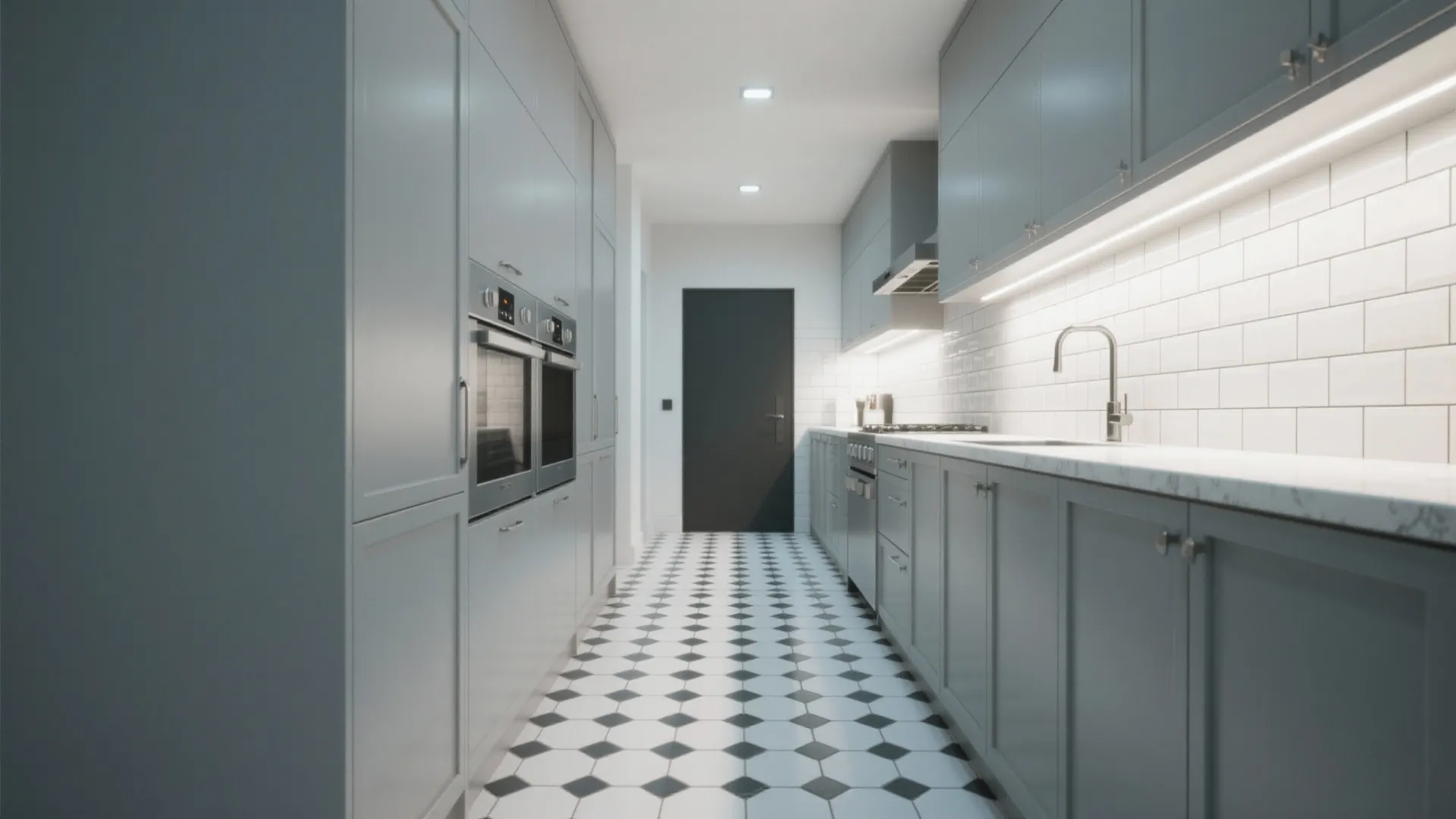 Modern kitchen with grey cabinets white subway wall tiles and black and white floor tiles
