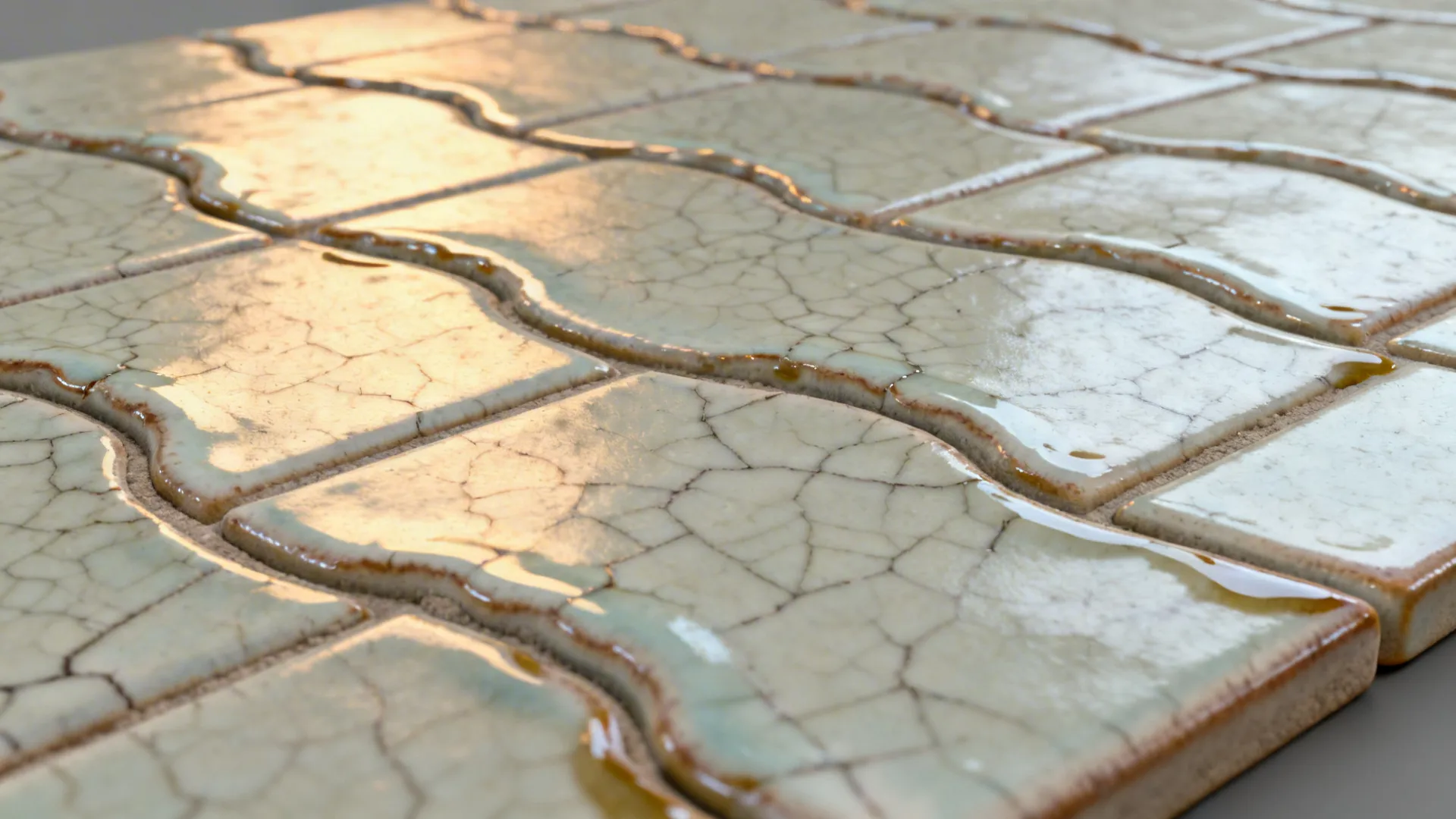Macro of wavy glazed subway tile with handcrafted edge and mid-tone grout.