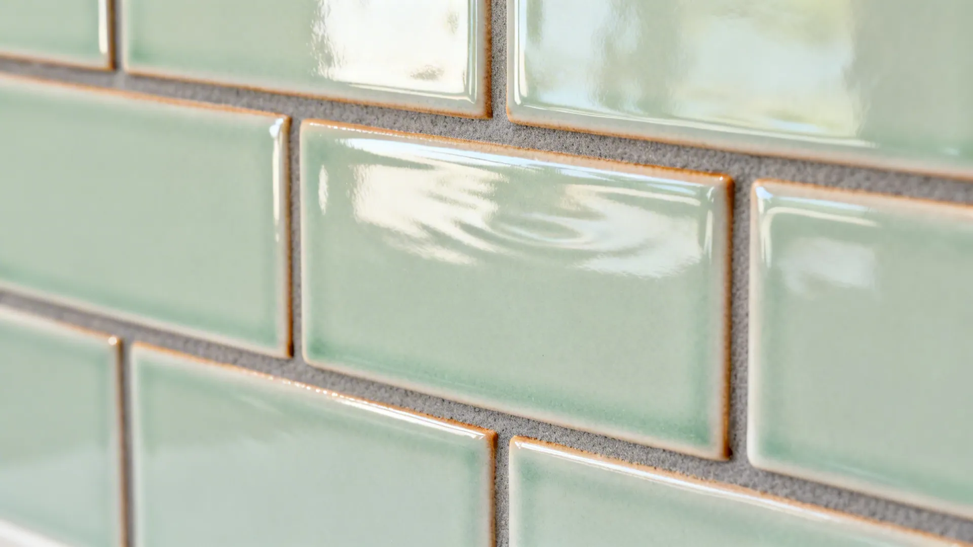 Macro of soft-gloss glazed ceramic subway tiles with warm gray grout in an offset layout.
