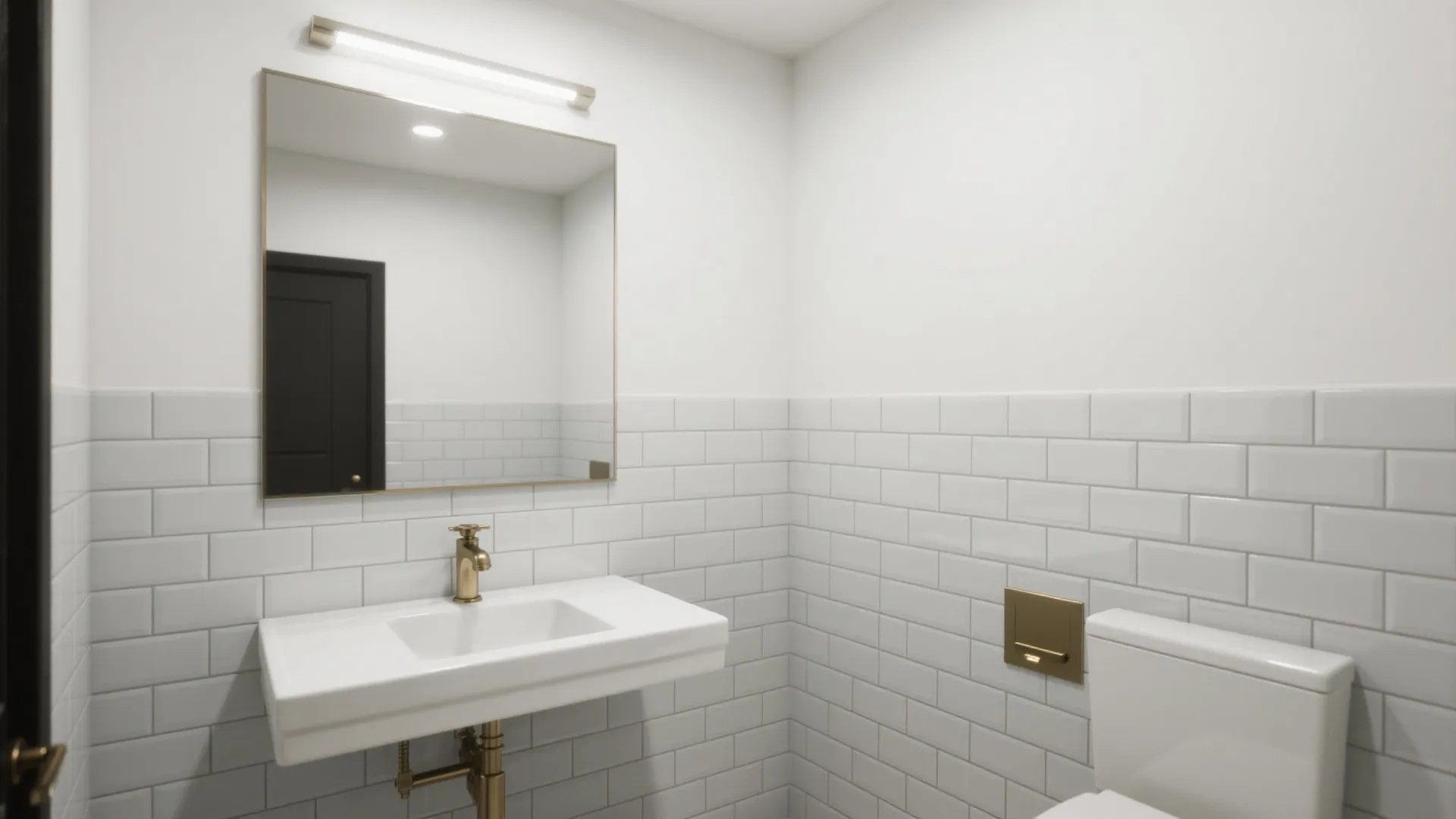 Modern bathroom with white brick wall tiles hanging sink gold faucet large mirror and white toilet