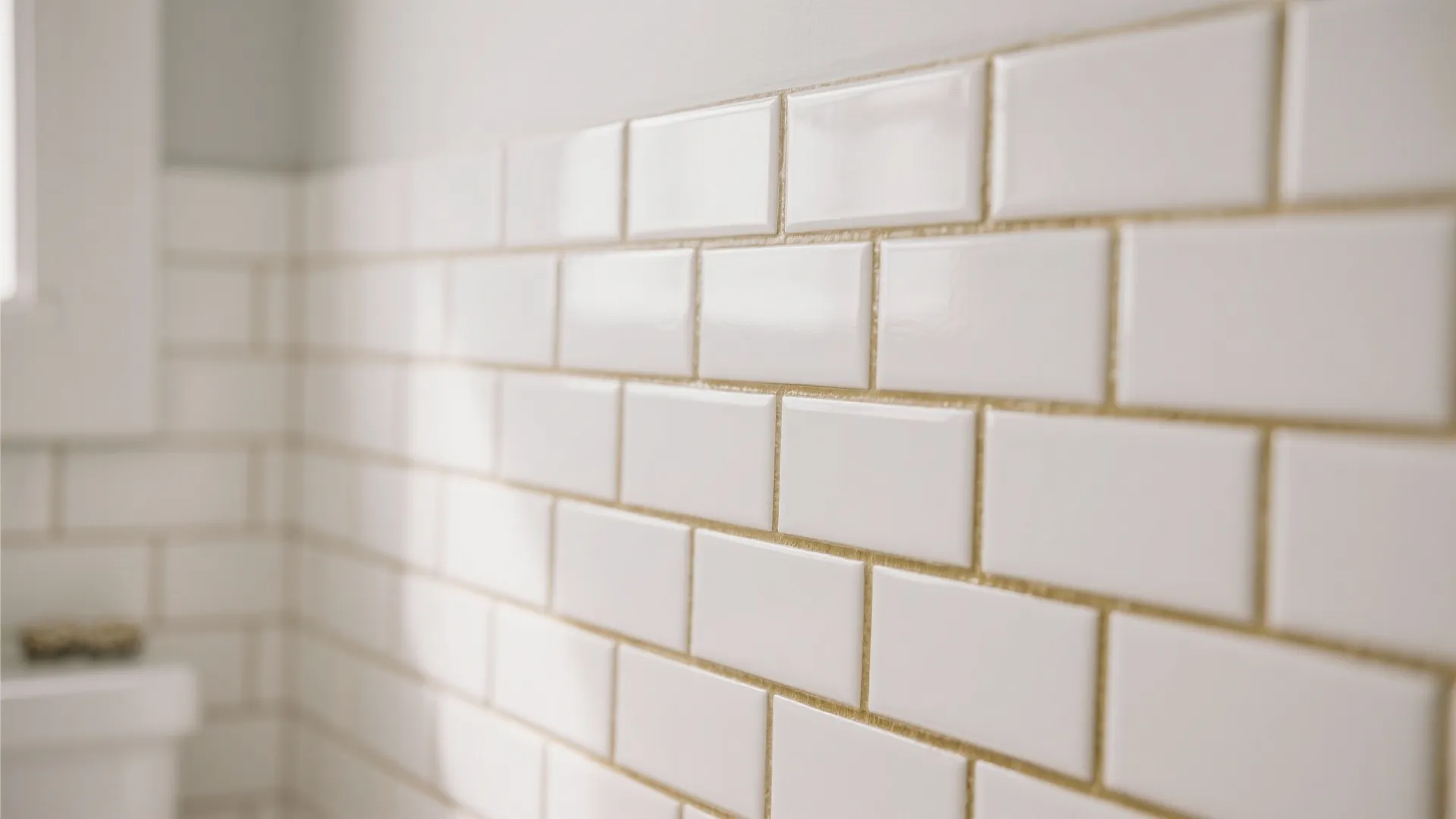 White rectangular wall tiles with bright gold grout lines in a modern bathroom or kitchen setting