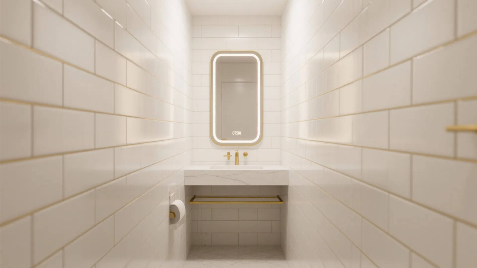 Small narrow bathroom with white brick wall tiles, lighted mirror, marble sink, and gold hardware