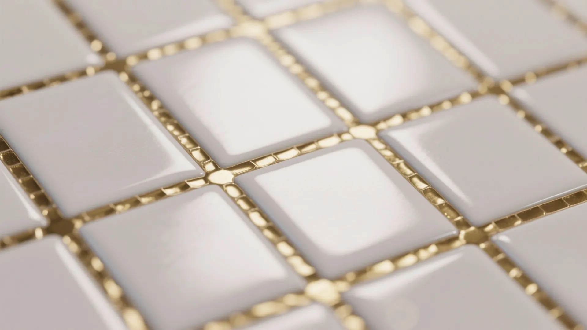 Close up view of white square wall tiles with shiny gold grout lines in house