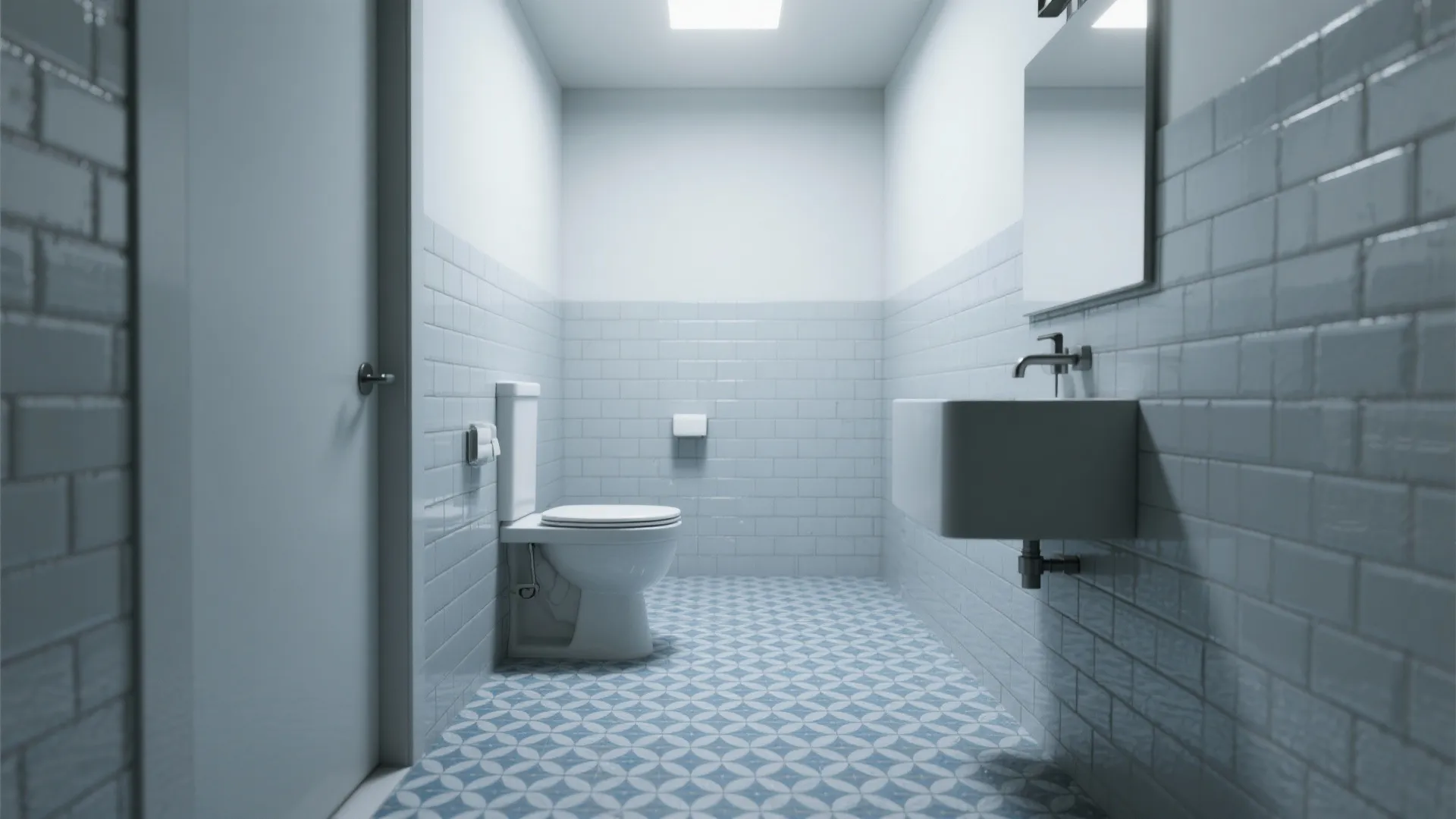 5. Light Gray Subway Tiles with Patterned Blue Floor
