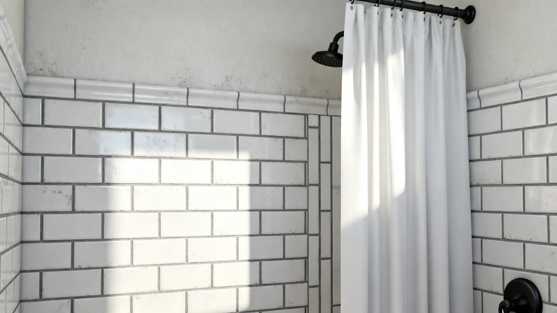 White subway tile wall with medium-gray grout in a small bathroom showing alternative layouts.