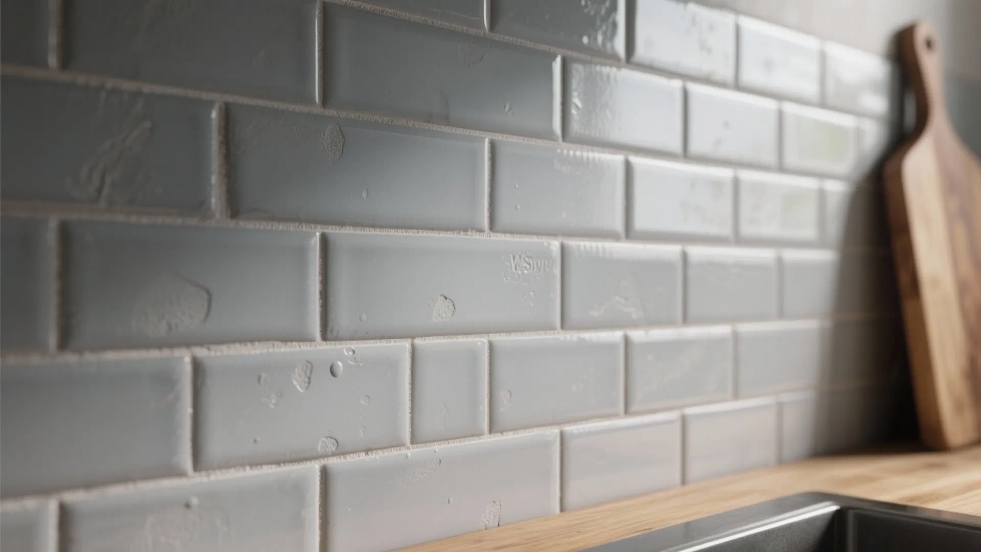 Close up view of light grey wall tiles in a kitchen with wooden cutting board