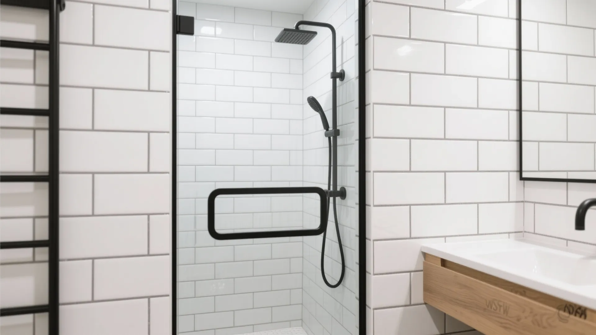 Bright bathroom with white wall tiles black shower head glass door and wood sink cabinet