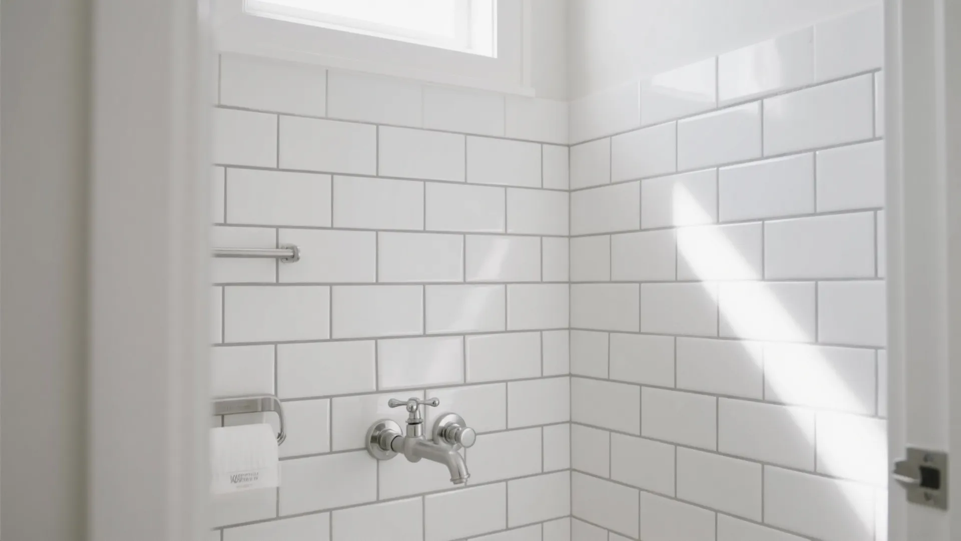 White subway tiles with fine mid-grey grout lines create crisp, tailored bathroom walls.