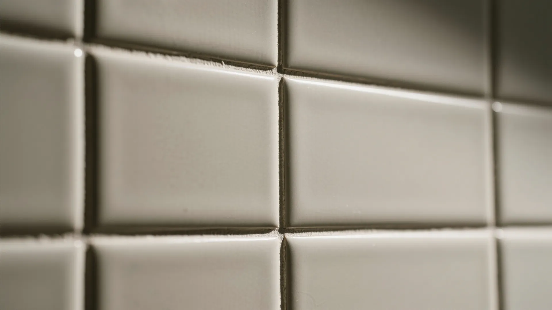Close up photo of white rectangular wall tiles with clean grout lines in a bathroom