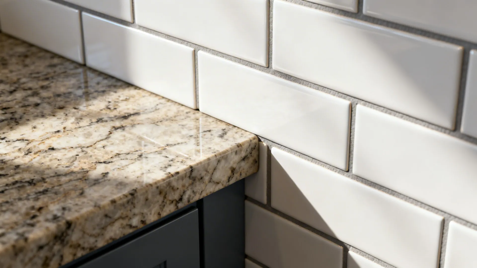 Macro of matte white stacked subway tile with warm gray grout above veined granite.