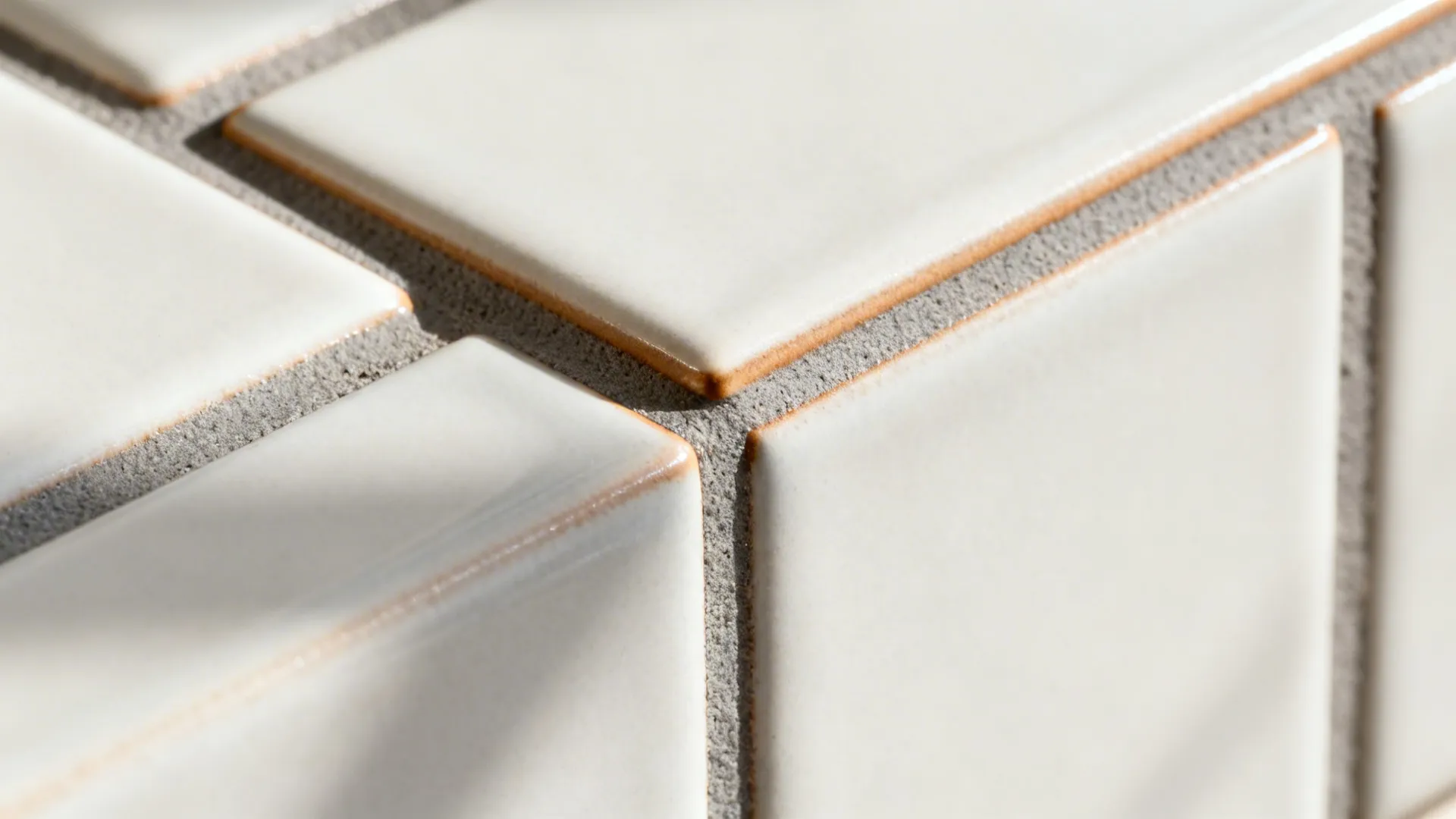 Close up detail of white wall tiles showing thick grey grout lines and clean sharp edges