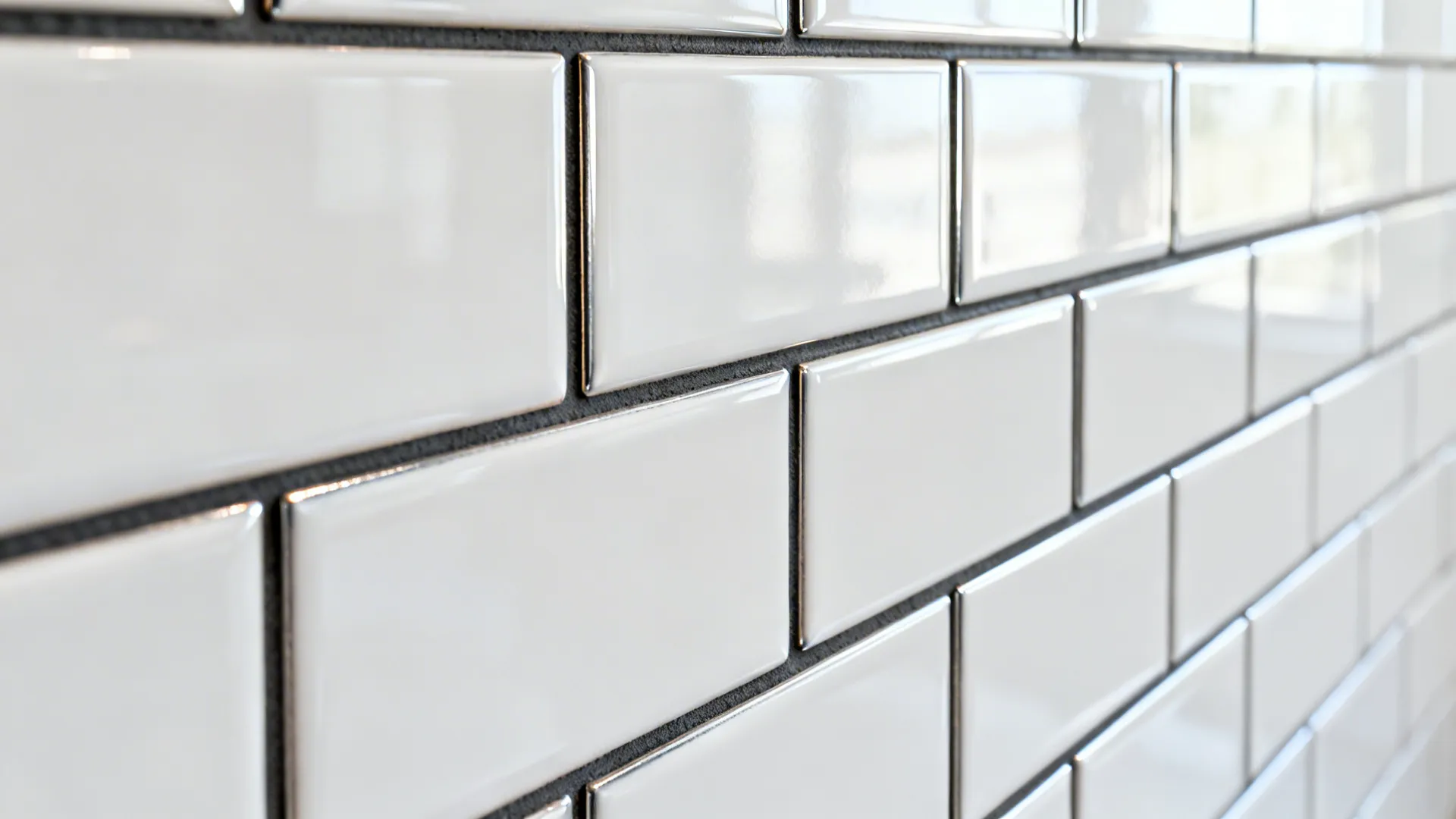 Macro view of white subway tiles with crisp charcoal grout and metal edge trim.