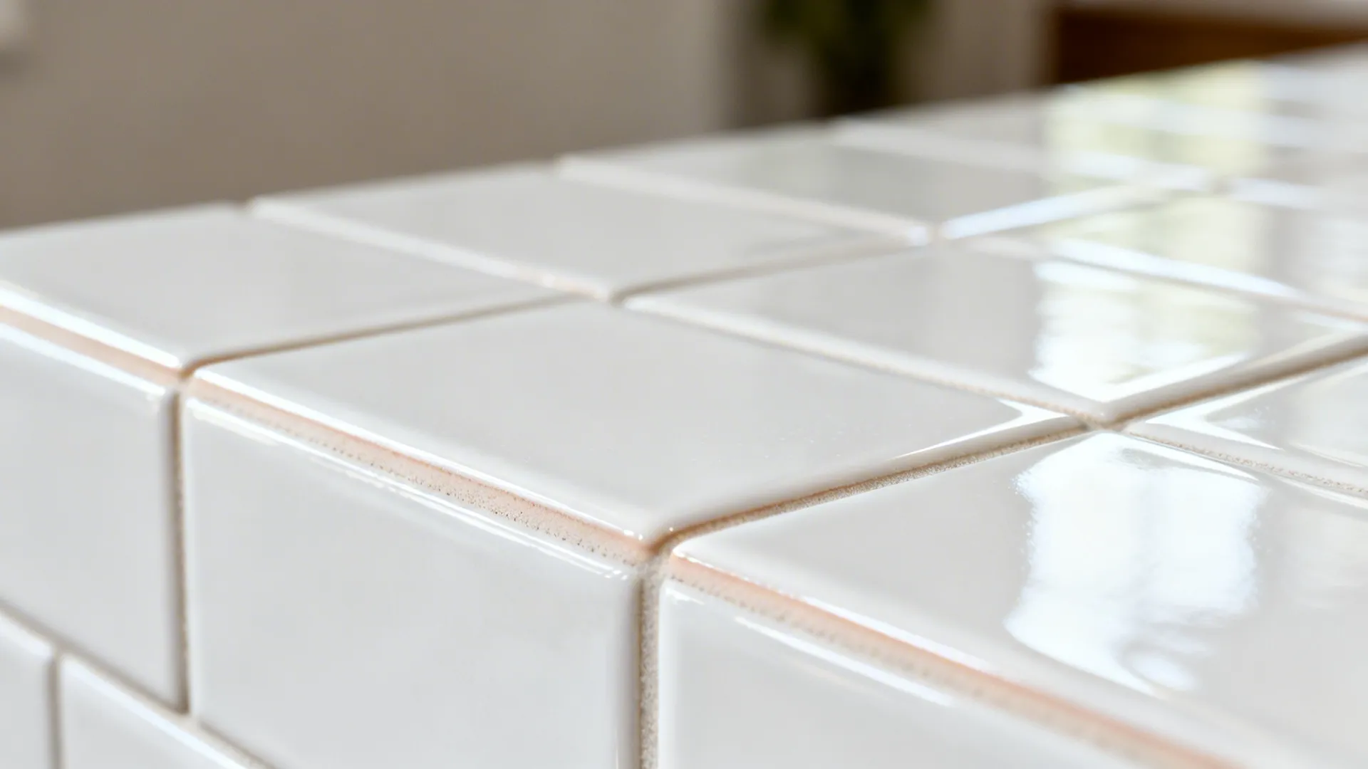 Close up of white shiny wall tiles with clean grout lines in a bright room