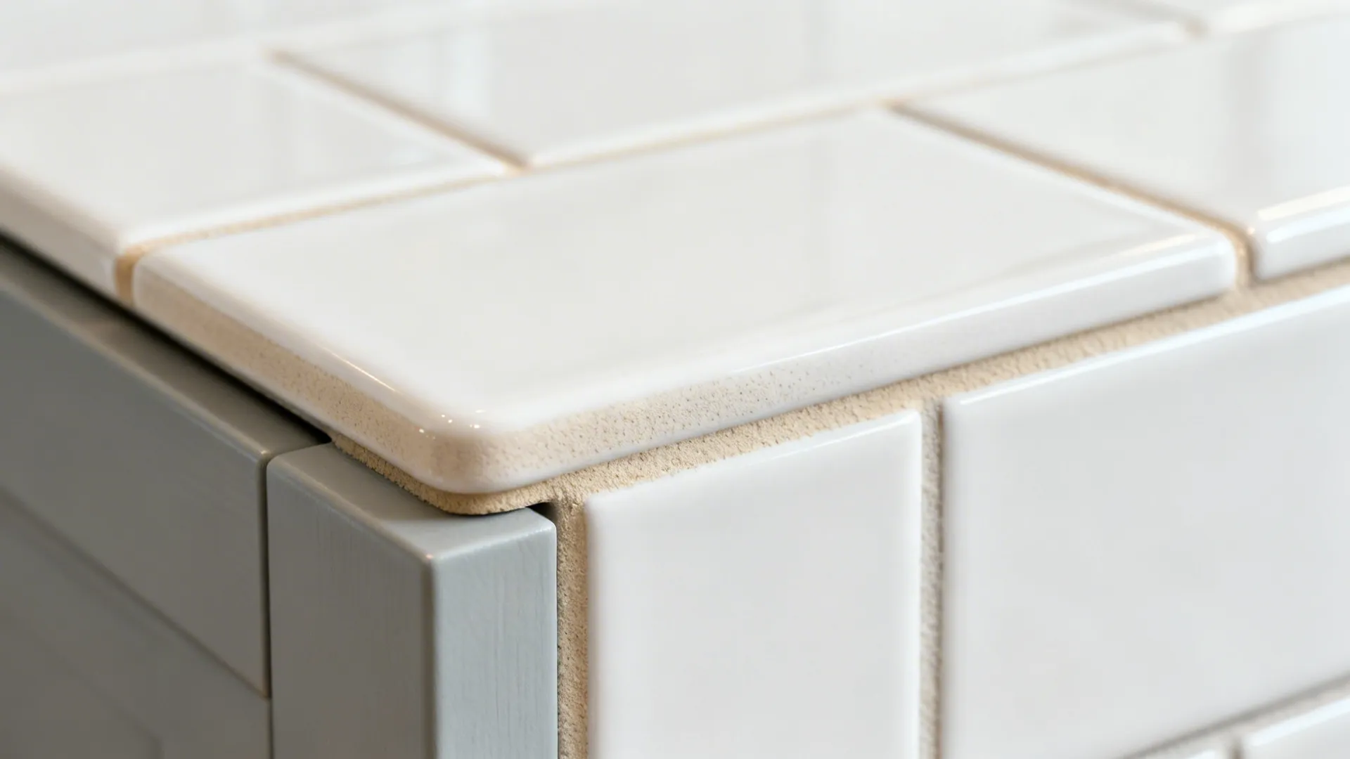Macro of matte white subway tiles with warm beige grout near a grey cabinet.