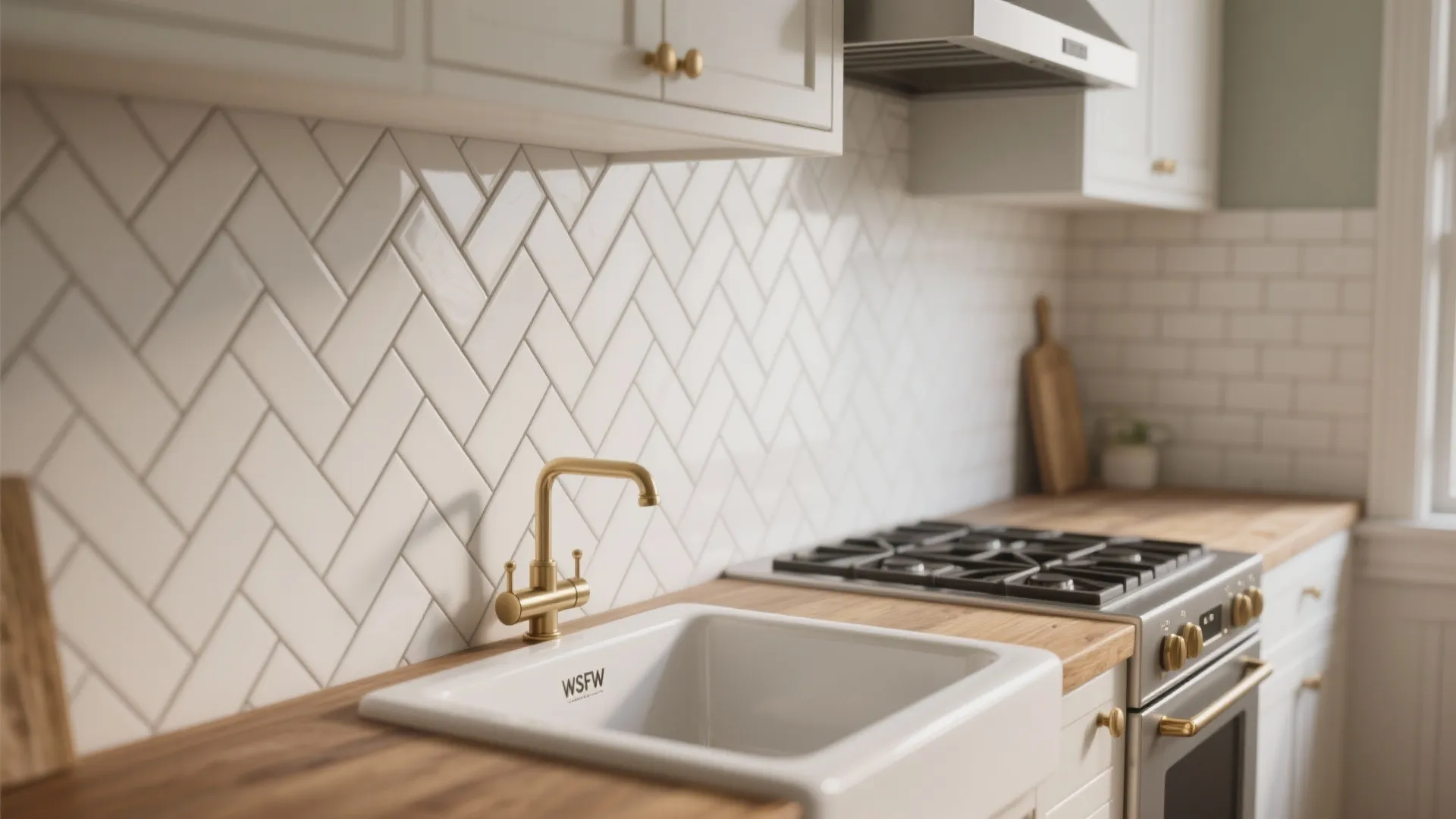 White kitchen wall tiles in zigzag pattern with gold tap and white sink on wood counter