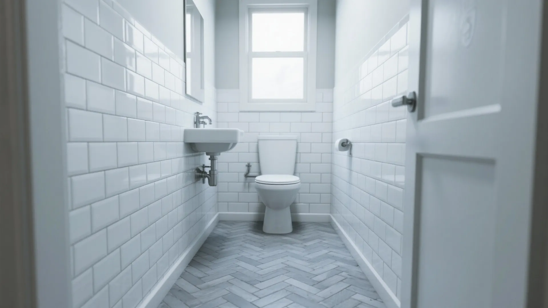 Small white bathroom with subway wall tiles herringbone floor pattern a sink and a toilet