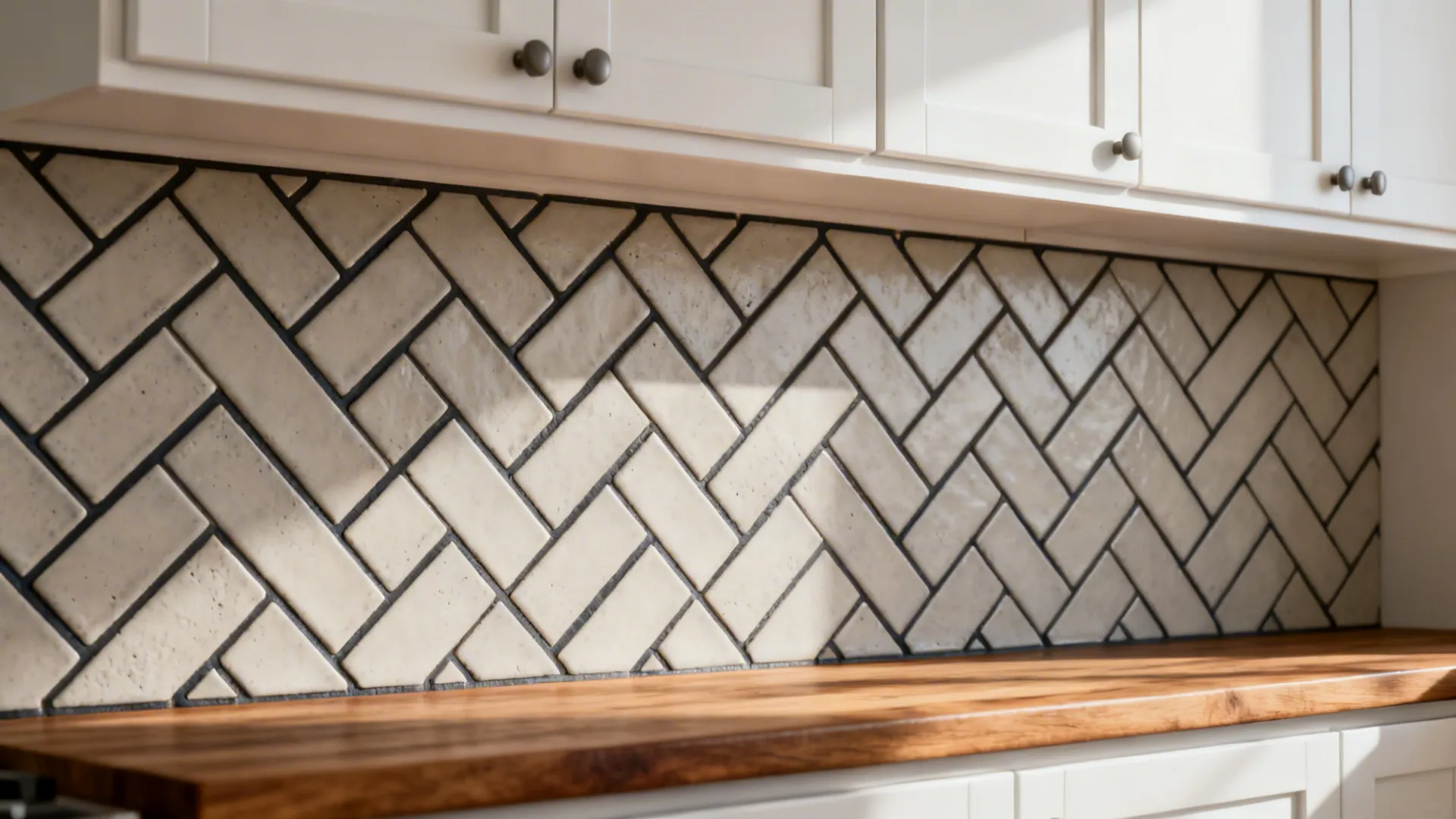 Herringbone subway tile backsplash with dark grout beside white shaker cabinets.