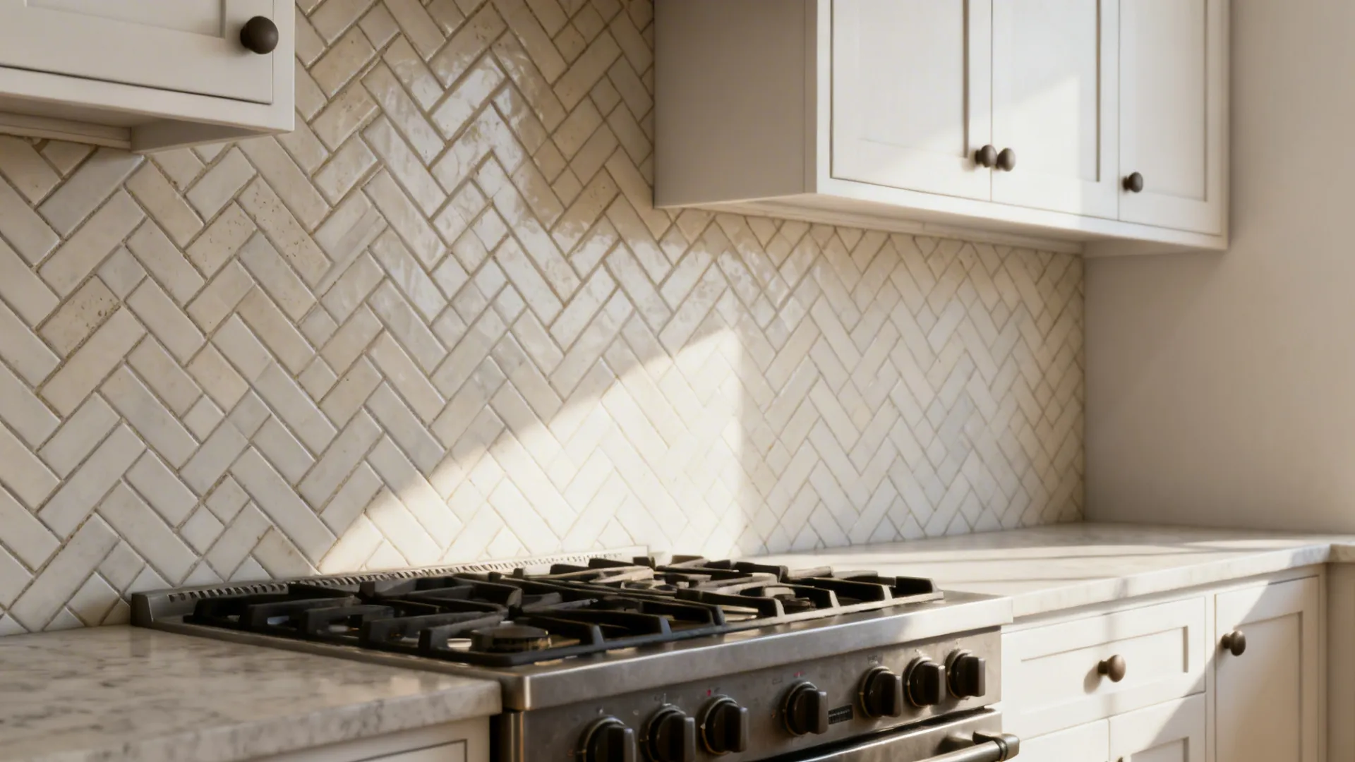 White shaker cabinets with subway tile backsplash arranged in a herringbone pattern behind the range.