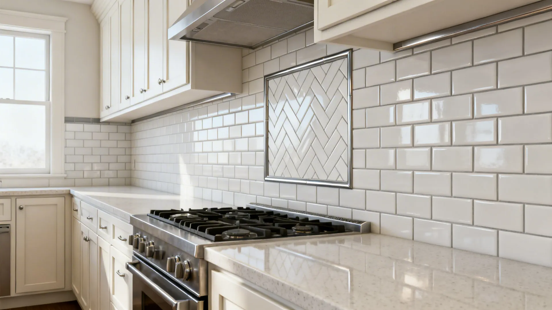 Modern white kitchen featuring subway tiles with a decorative pattern above a stainless steel stove