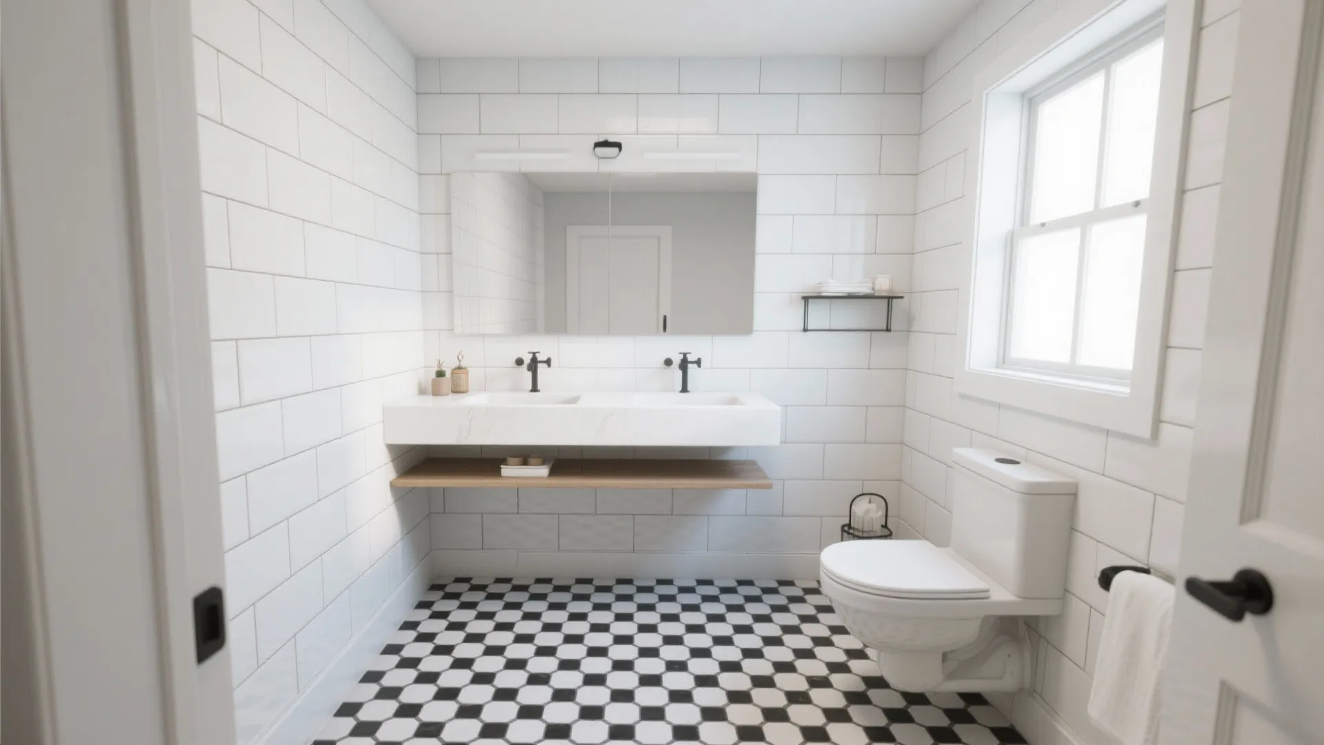 2. Subway Walls + Geometric Black-and-White Floors