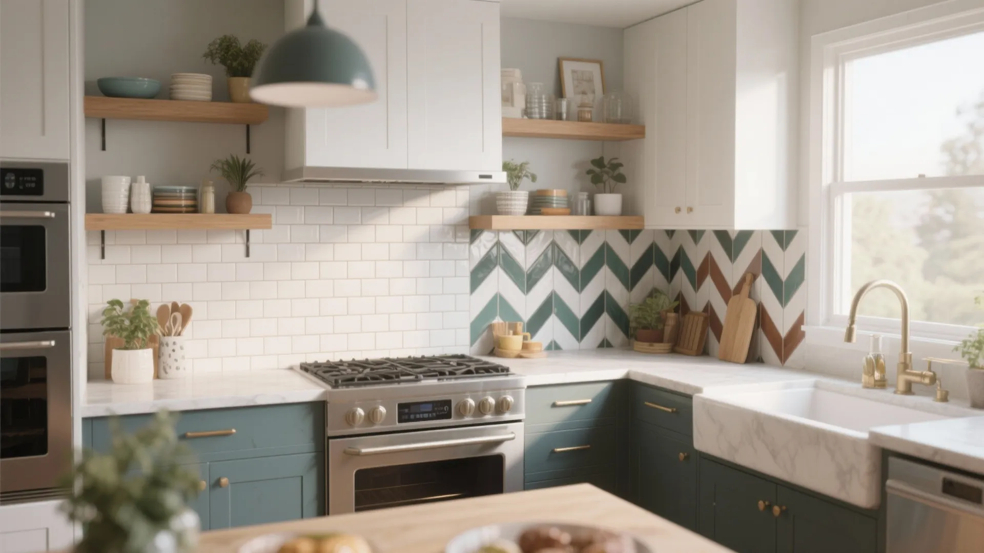 Bright kitchen with green cabinets white wall tiles wooden shelves sink and a gold faucet