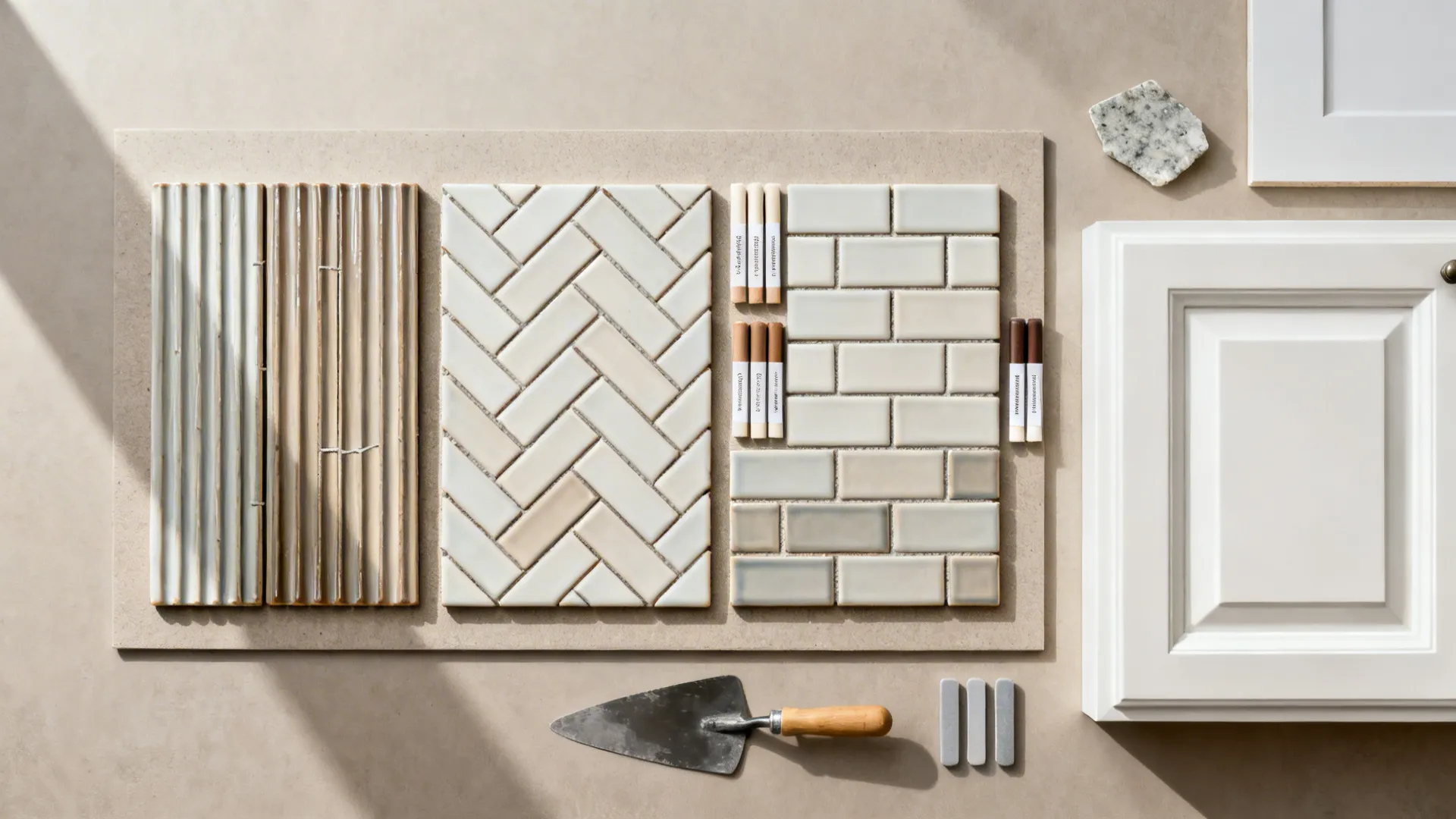 Top-down flatlay showing vertical stack, herringbone, and crosshatch subway tile patterns.