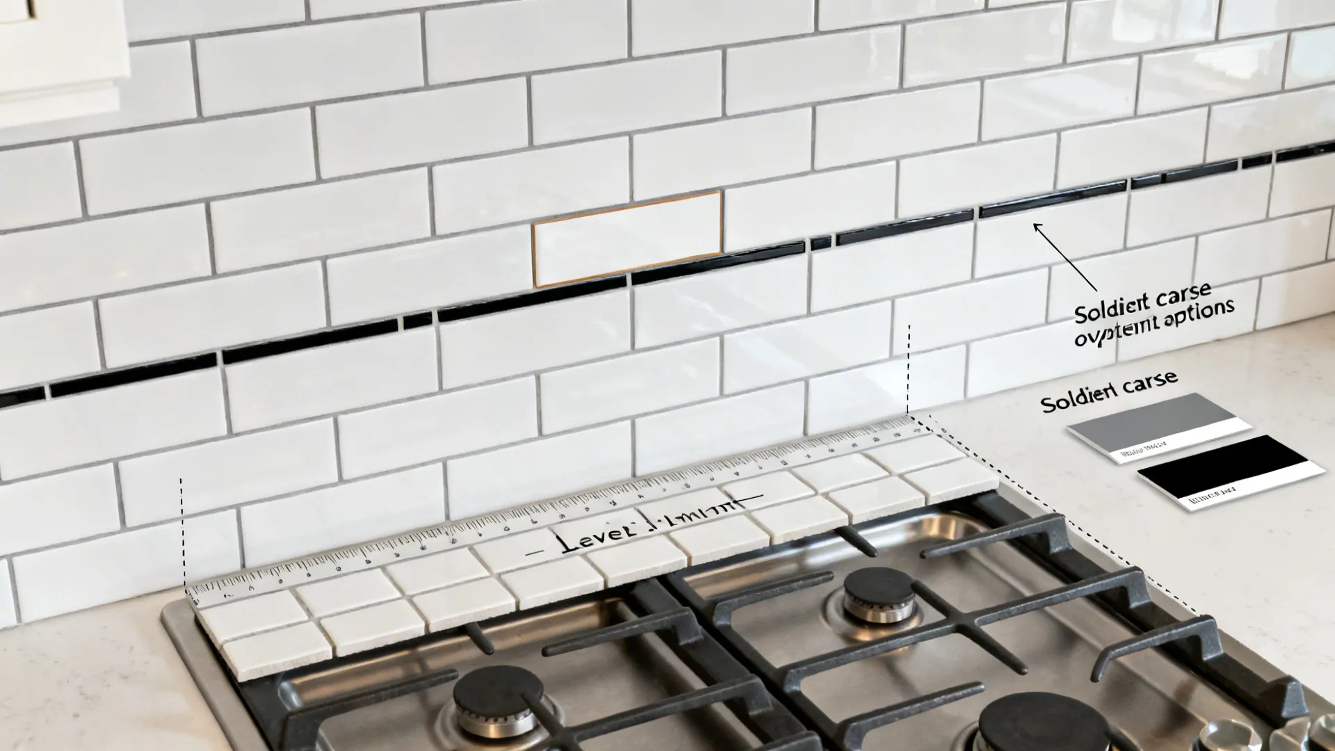 Top-down backsplash plan showing a single contrast inset row and soldier course option.