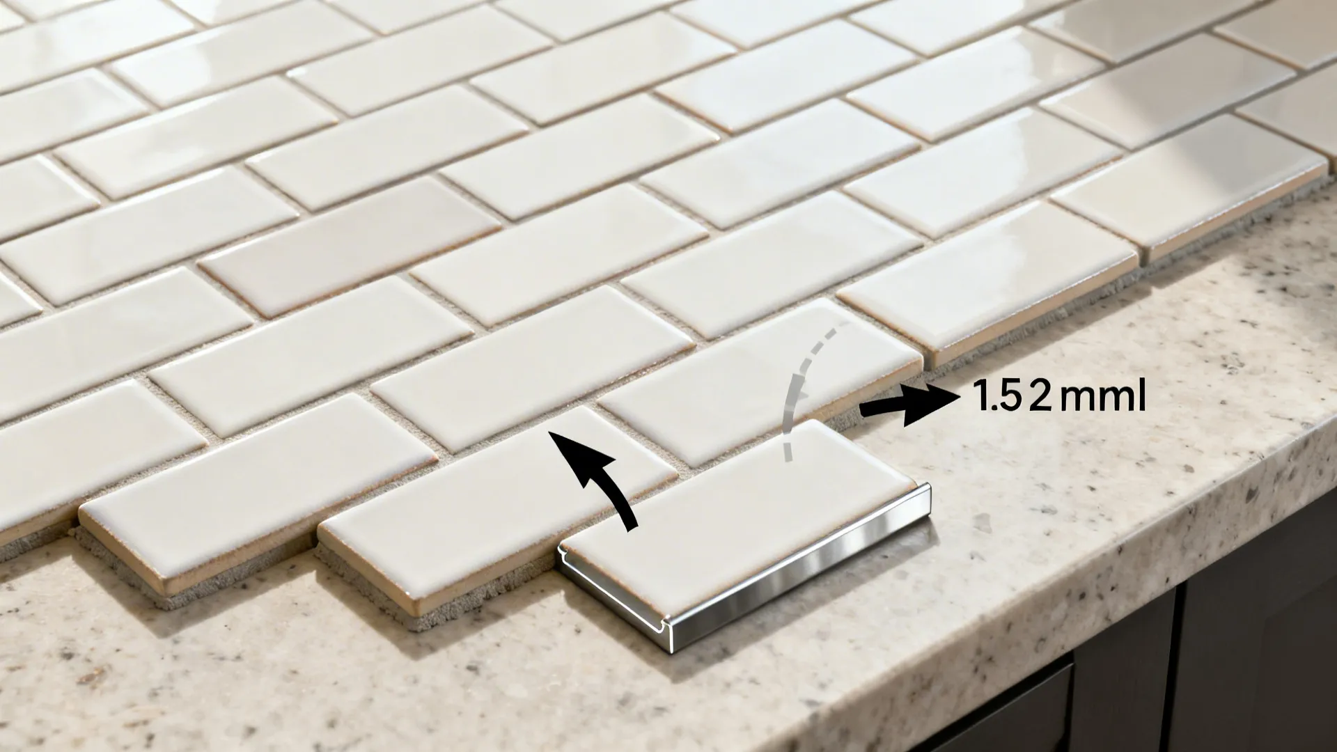 Top-down view of a staggered subway tile countertop with tight joints and edge profile.