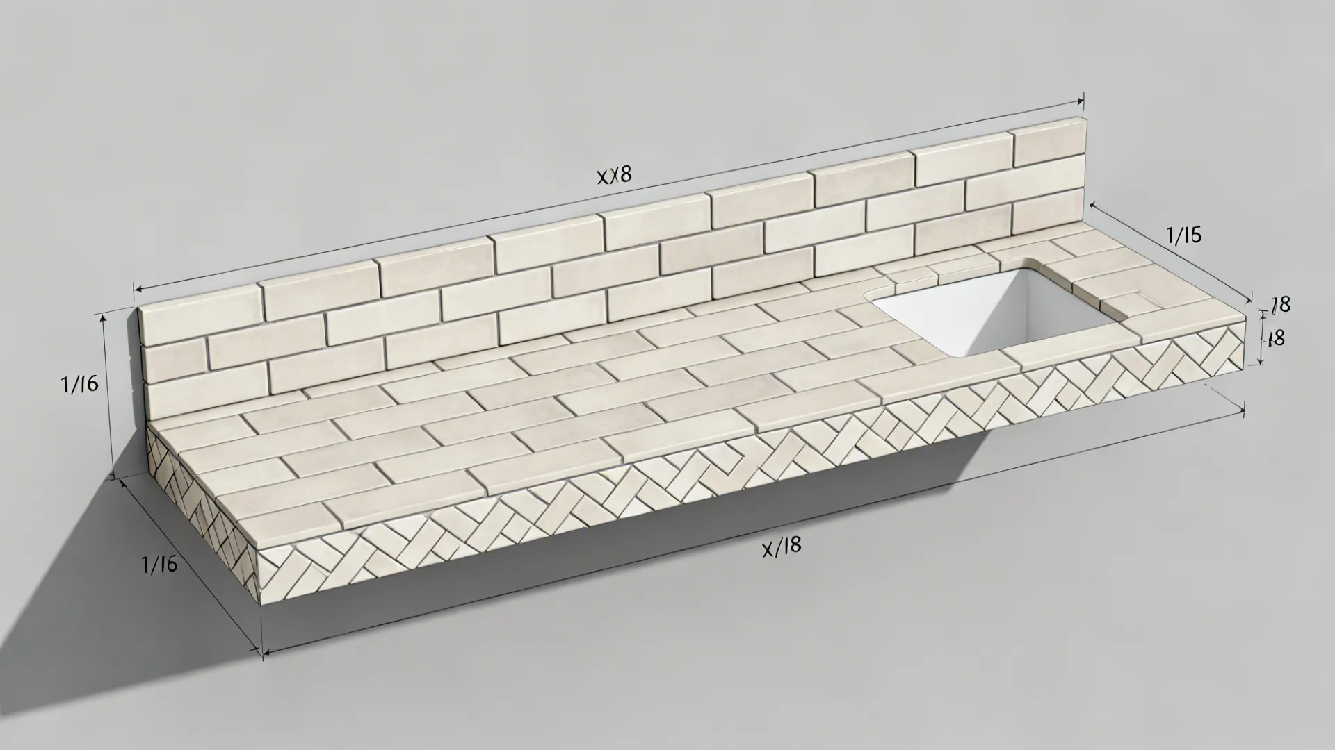 Top-down plan showing stacked subway tile field with a herringbone front edge on a countertop.