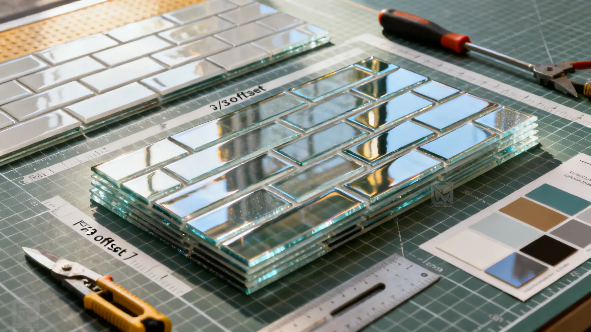 Top-down layout comparing offset and stacked glass-look subway sheets.