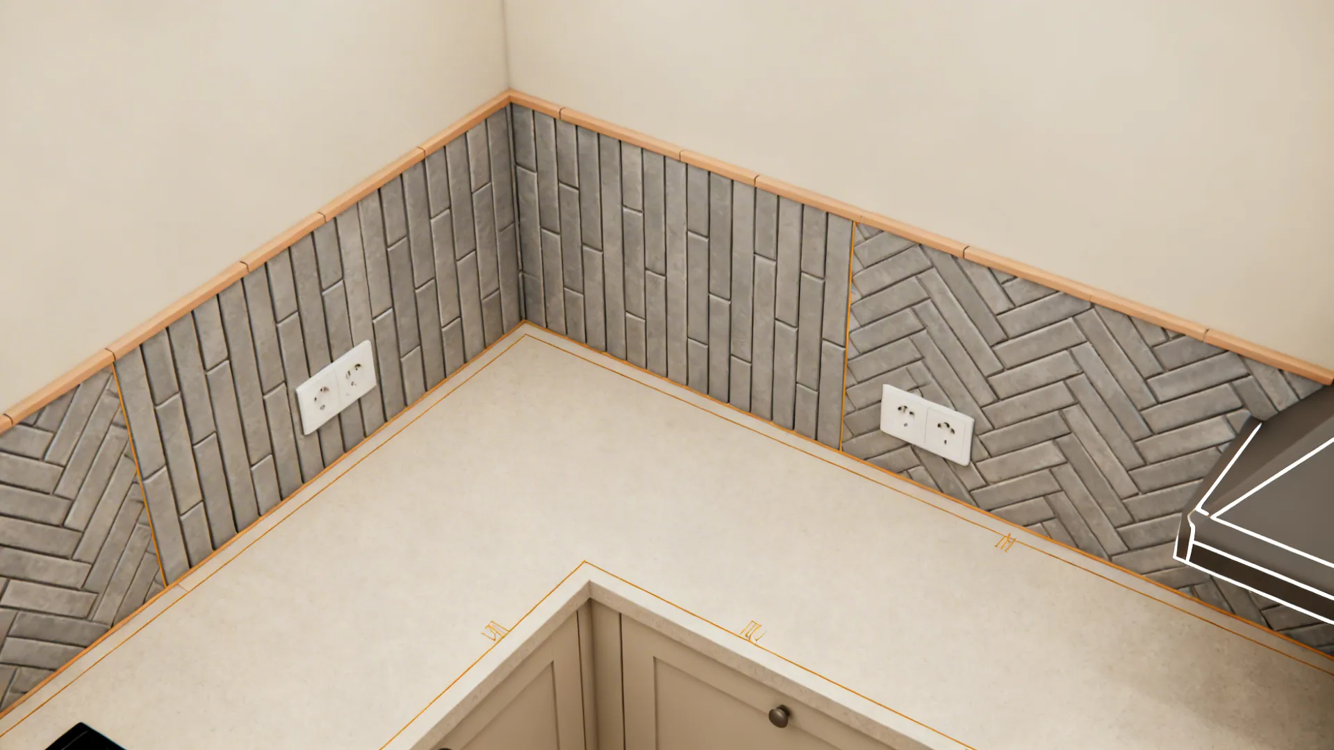 Top-down view comparing stacked vertical and herringbone grey subway tile layouts.