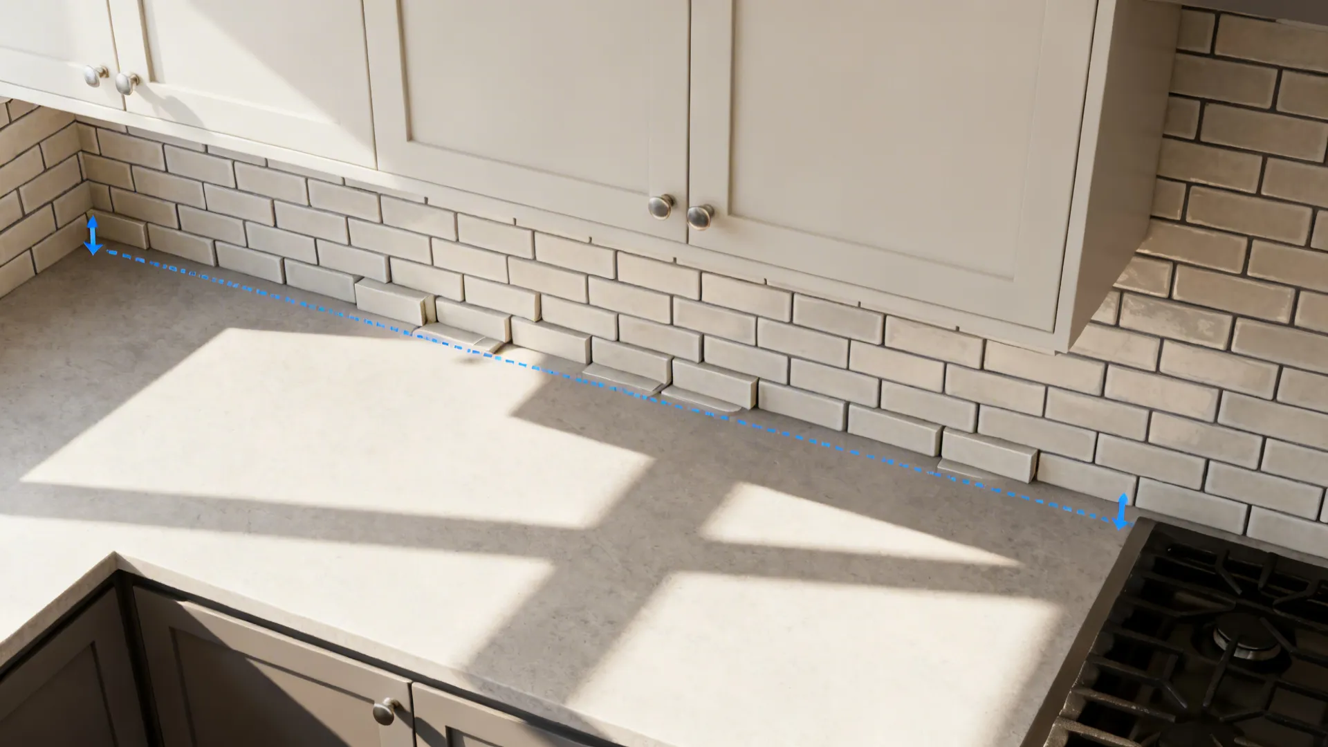 Top-down view showing stacked subway tile course planning with tight spacers.