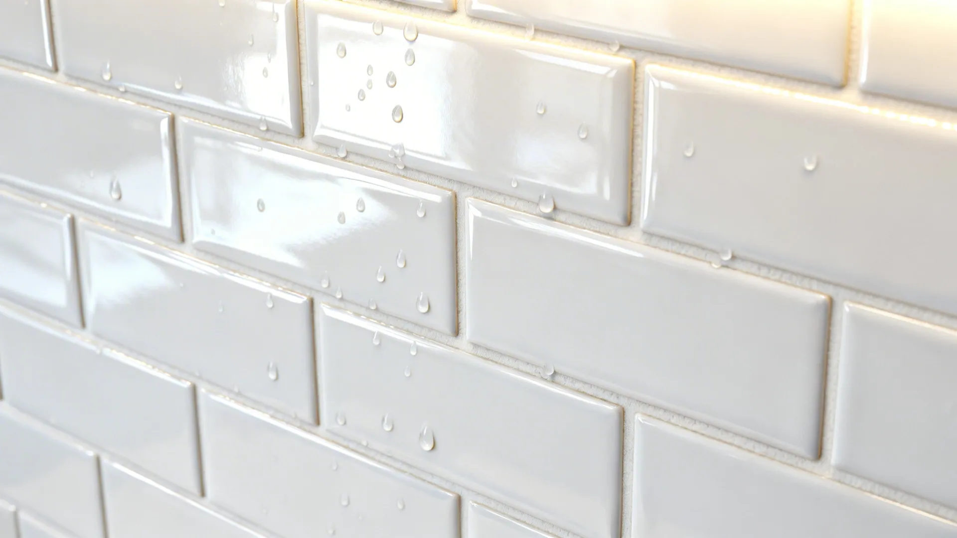 Macro of glossy white subway tiles with tight grout and soft reflected light.