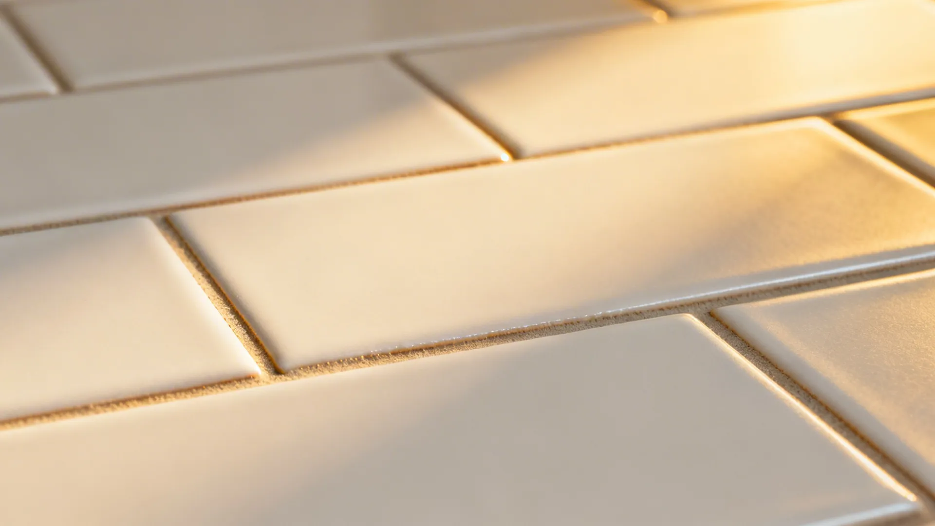 Macro view of matte white subway tiles with slim grout lines under warm light.