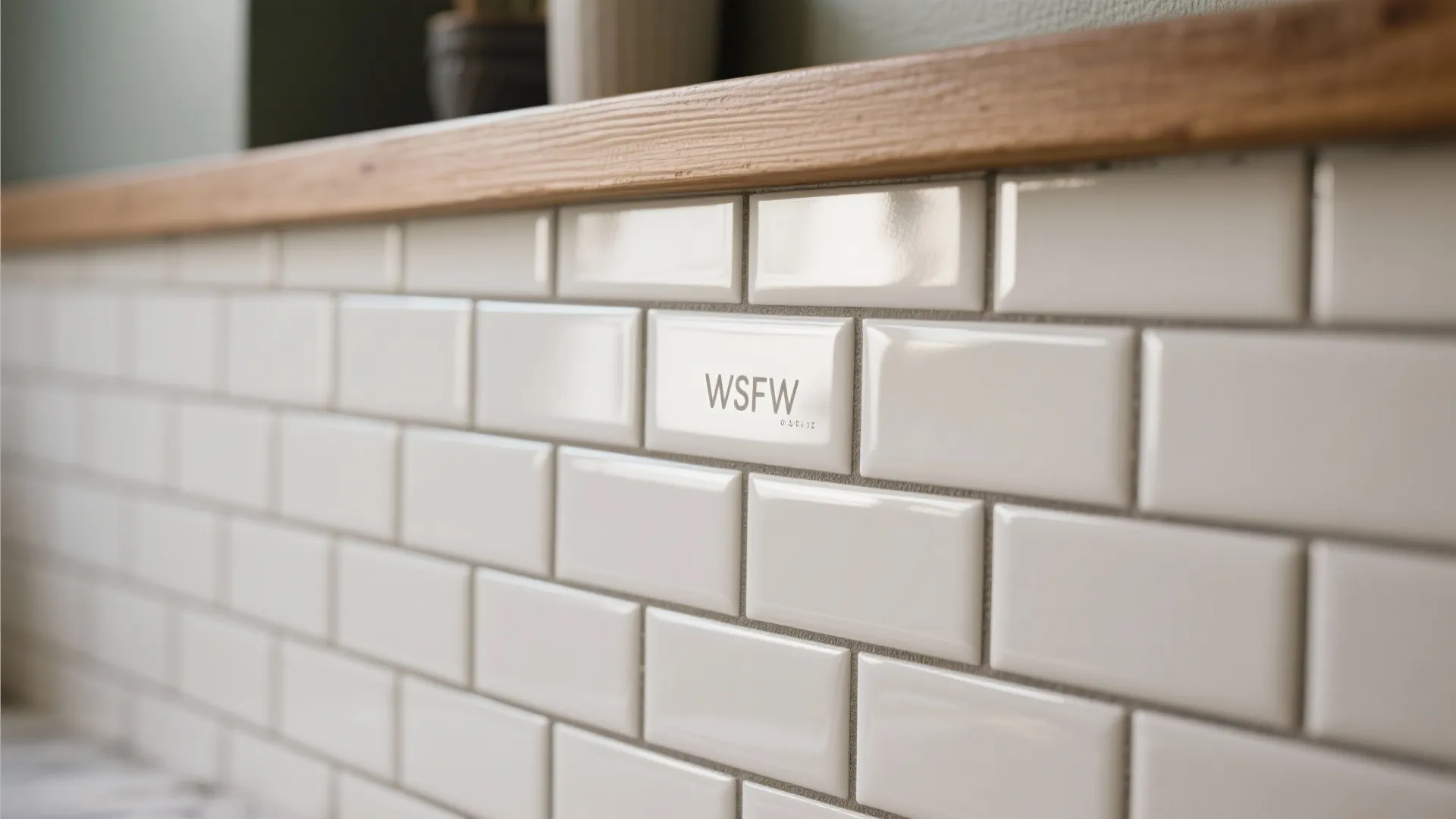 Close up view of white rectangular wall tiles with grey grout and wooden shelf above
