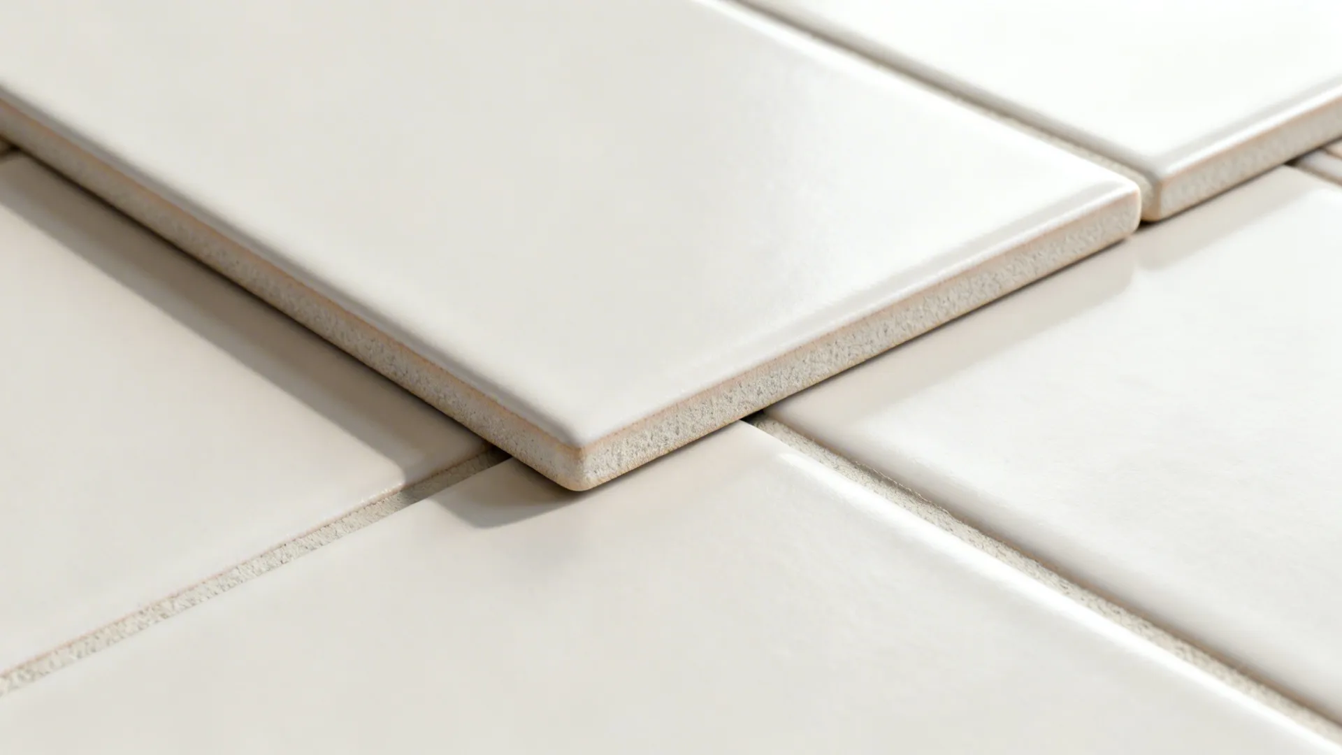 Macro of matte subway tile showing ultra-slim grout and fine ceramic texture.