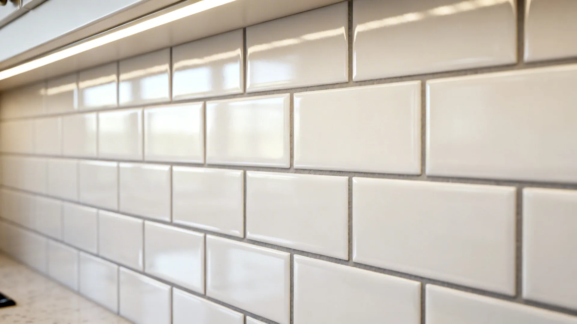 Macro of glossy white subway tile with slim warm gray grout and soft reflections.