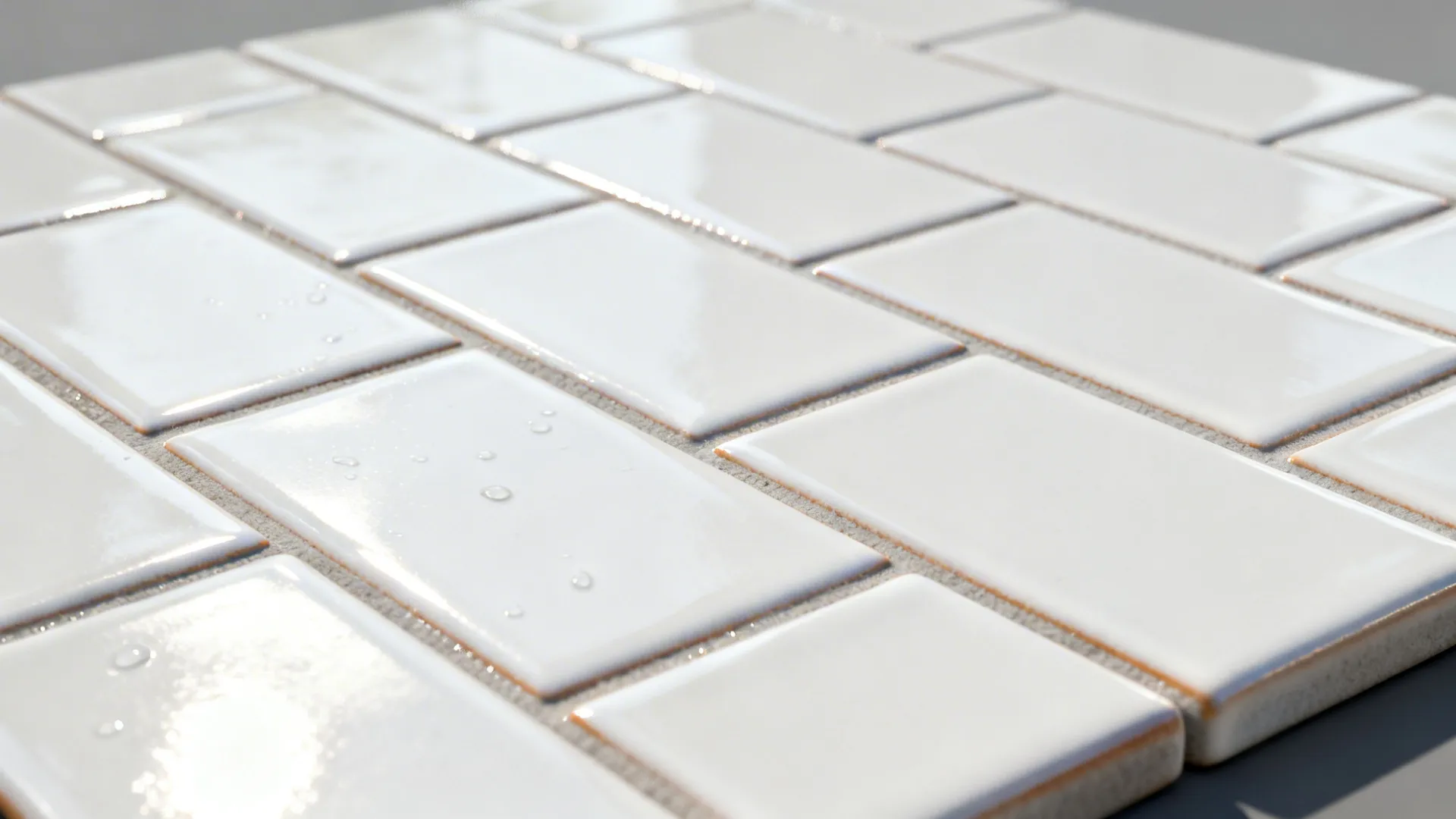 Macro of semi-gloss white subway tiles with 1/16 inch warm-gray grout showing smooth glaze.