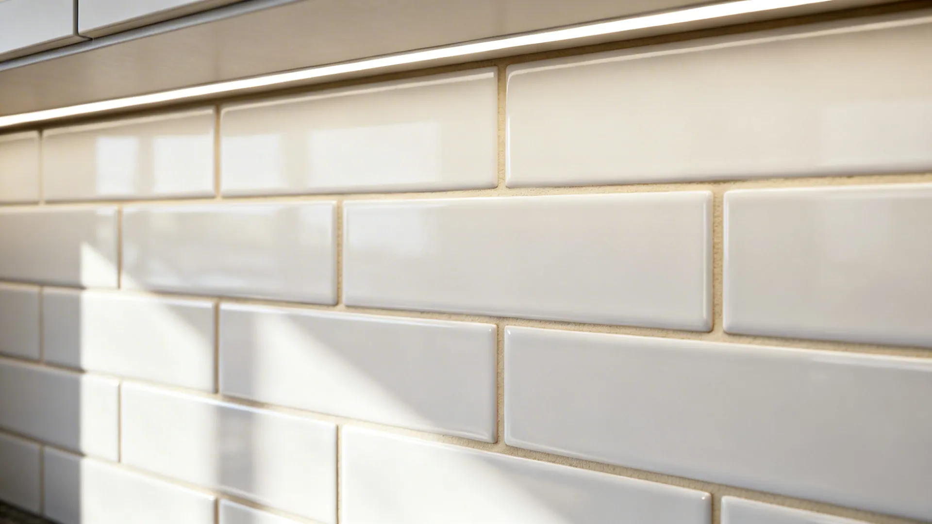 Macro of elongated subway tiles with tight bone grout and subtle satin glaze.