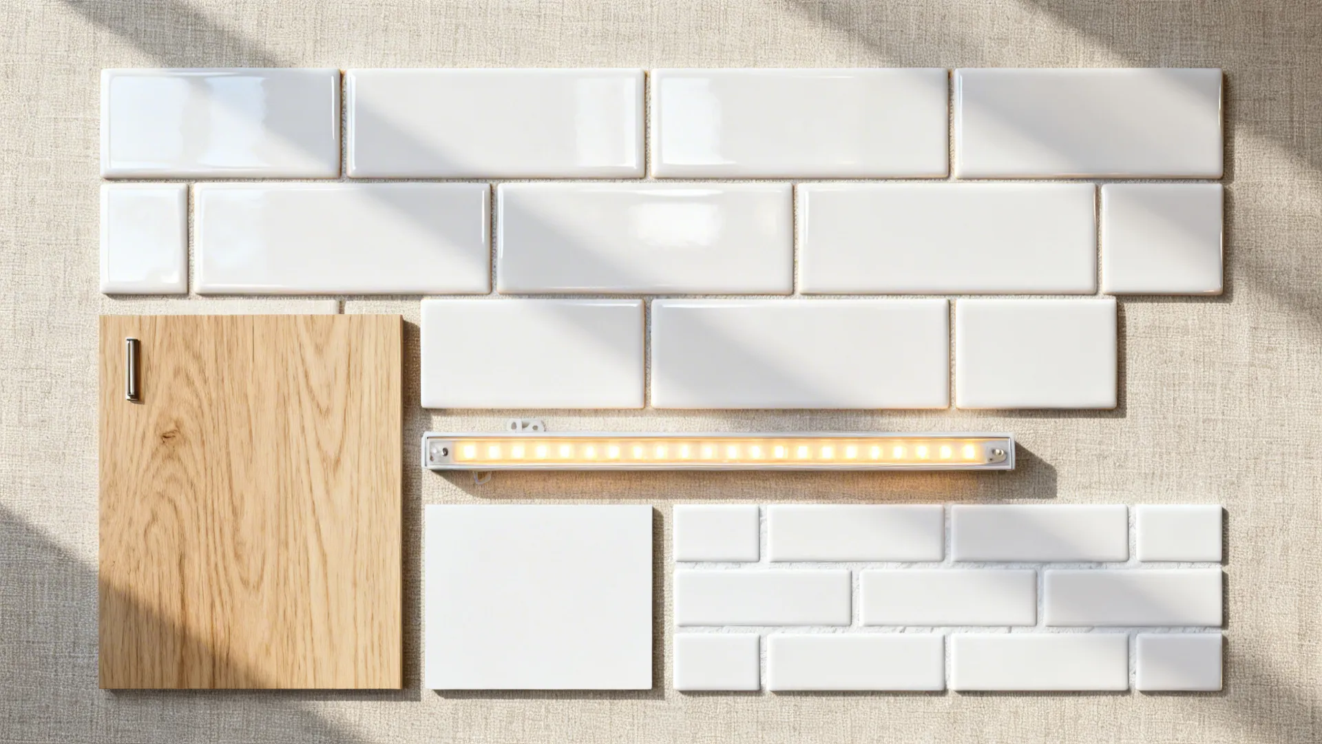 Top-down flatlay of glossy subway tile with wood, paint, grout, and warm LED lighting samples.