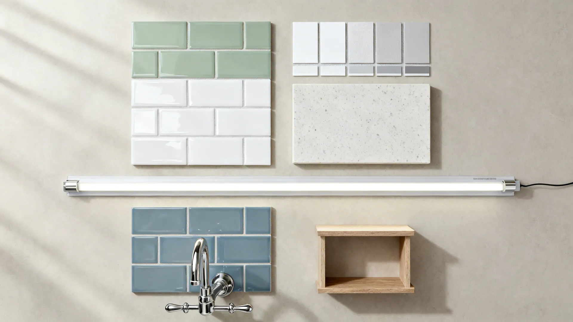 Flat lay of subway tile colors, finish samples, grout swatches, quartz, LED strip, and hardware for small kitchens.