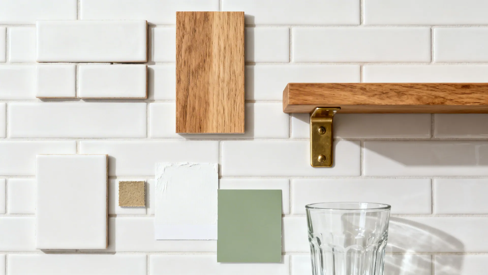 Flat lay of white subway tile, oak, brass, and paint chips arranged in a clean grid.
